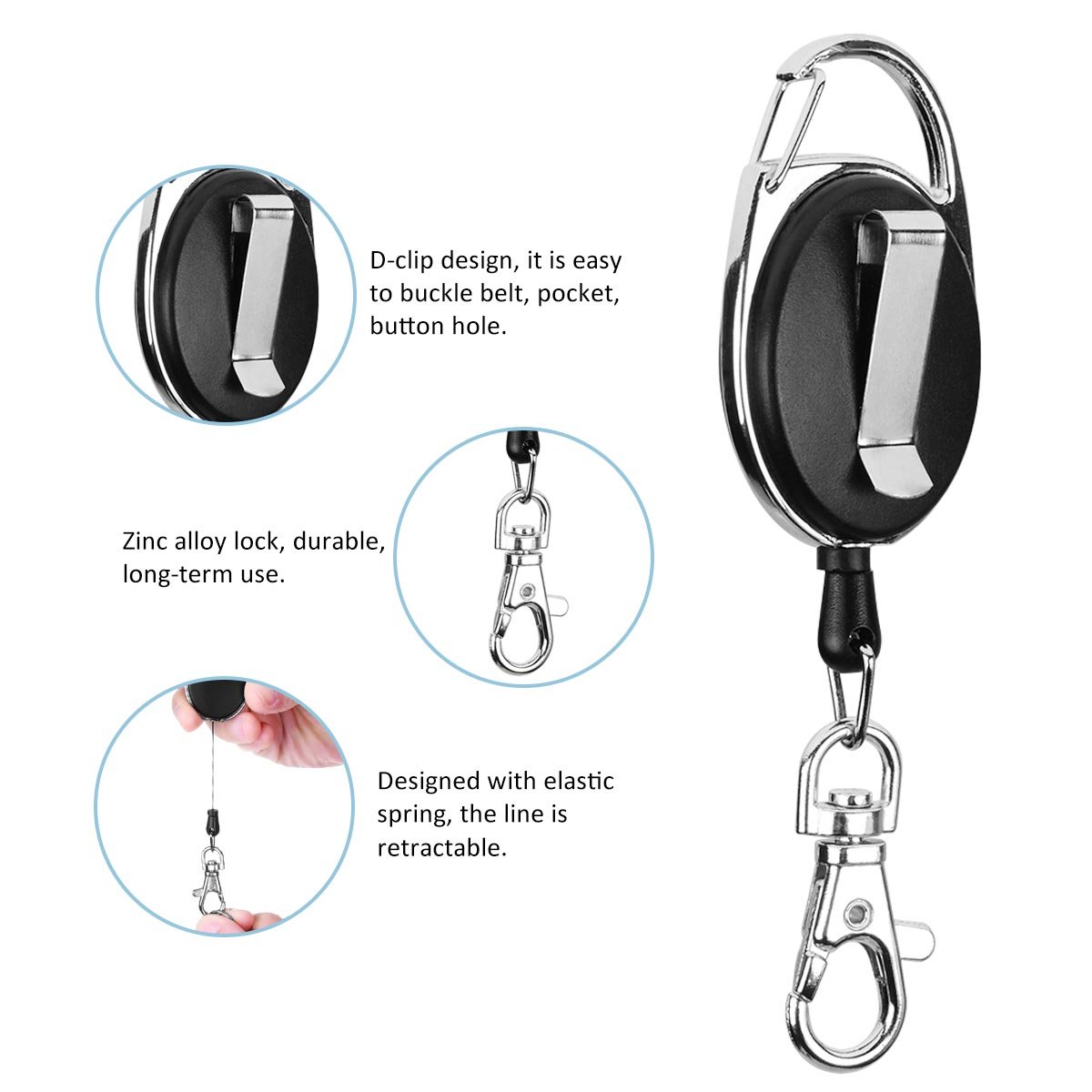 YoungRich 4-Pack Retractable Keychain with Belt Clip - Heavy Duty Spring Lanyard Reel for Men & Women - Key Holder for ID Badge, Car Keys & Office Keys (Black) - Perfect for Work, Home & Outdoor Activities