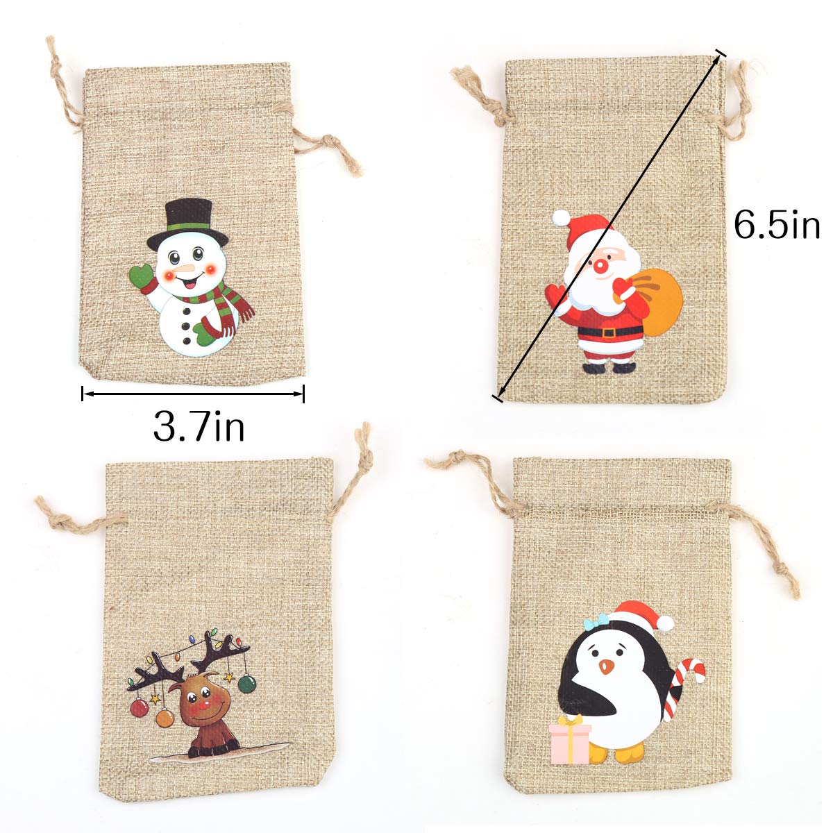 CCINEE 36-Piece Christmas Linen Gift Bags with Drawstrings - Set of 4 Festive Designs (Snowman, Santa, Penguin & Elk) - Reusable Burlap Goodie Bags for Holiday Party Favors, Candy, Treats & Small Gifts