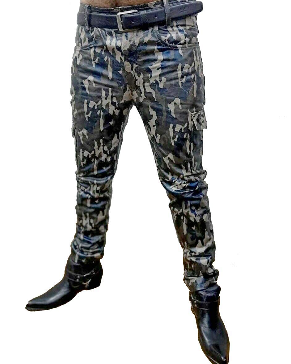 Men's Camouflage Leather Shorts - Genuine Cowhide Military Cargo Pants with Pockets | Tactical Outdoor Hunting Hiking Adventure Wear