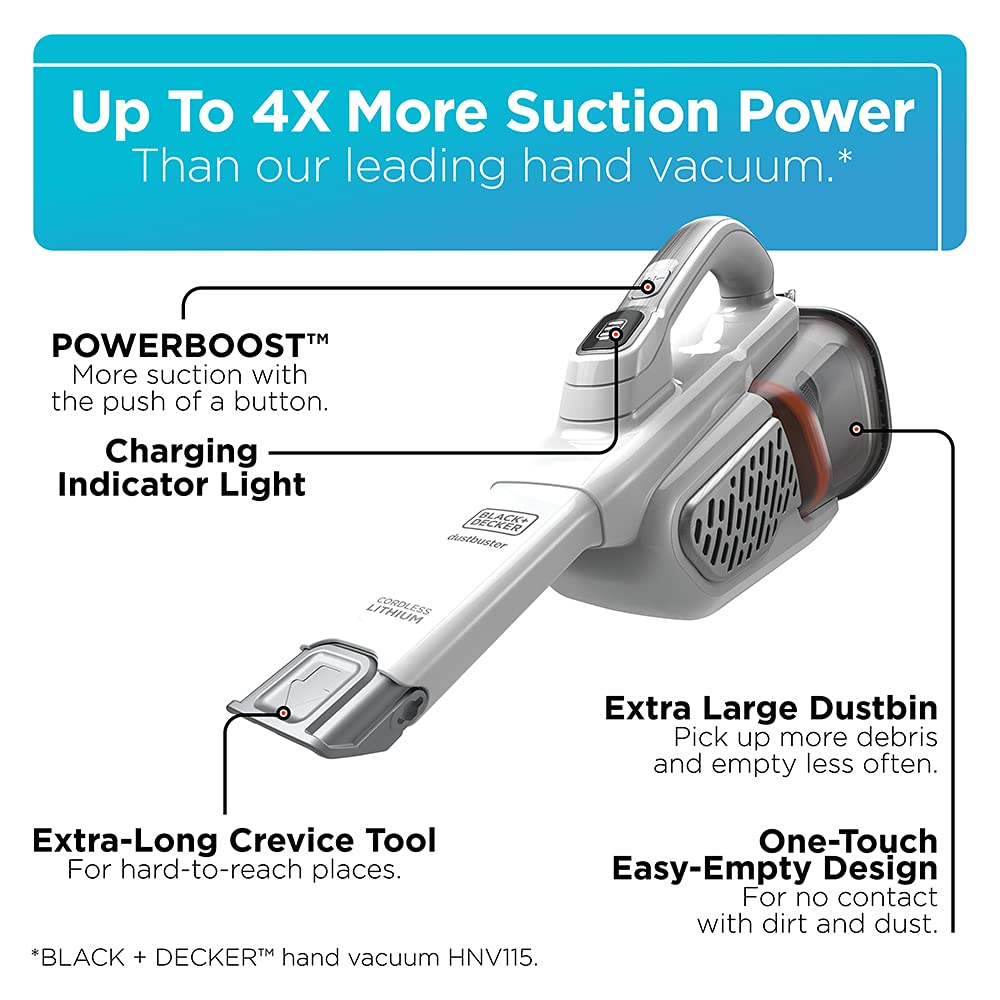 BLACK+DECKER Dustbuster AdvancedClean+ Cordless Handheld Vacuum Cleaner - Powerful 20V Lithium Battery, Lightweight & Portable for Quick Cleanups - Ideal for Home, Car, Stairs, Pet Hair (HHVK320J10, White)