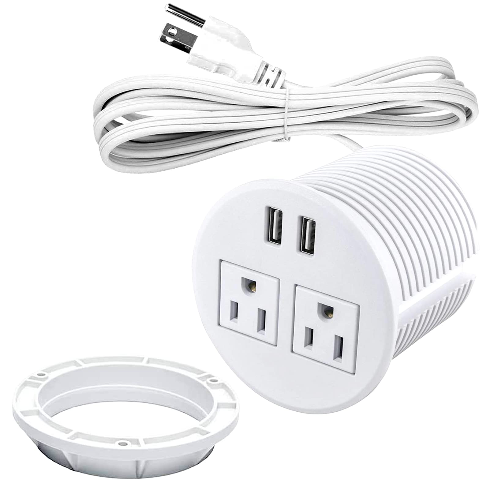 Recessed Desk Power Grommet with 4 USB Ports & 3 AC Outlets - White | Under Cabinet Power Strip for Home Office, Conference Table, Kitchen Counter & Sofa Side Table