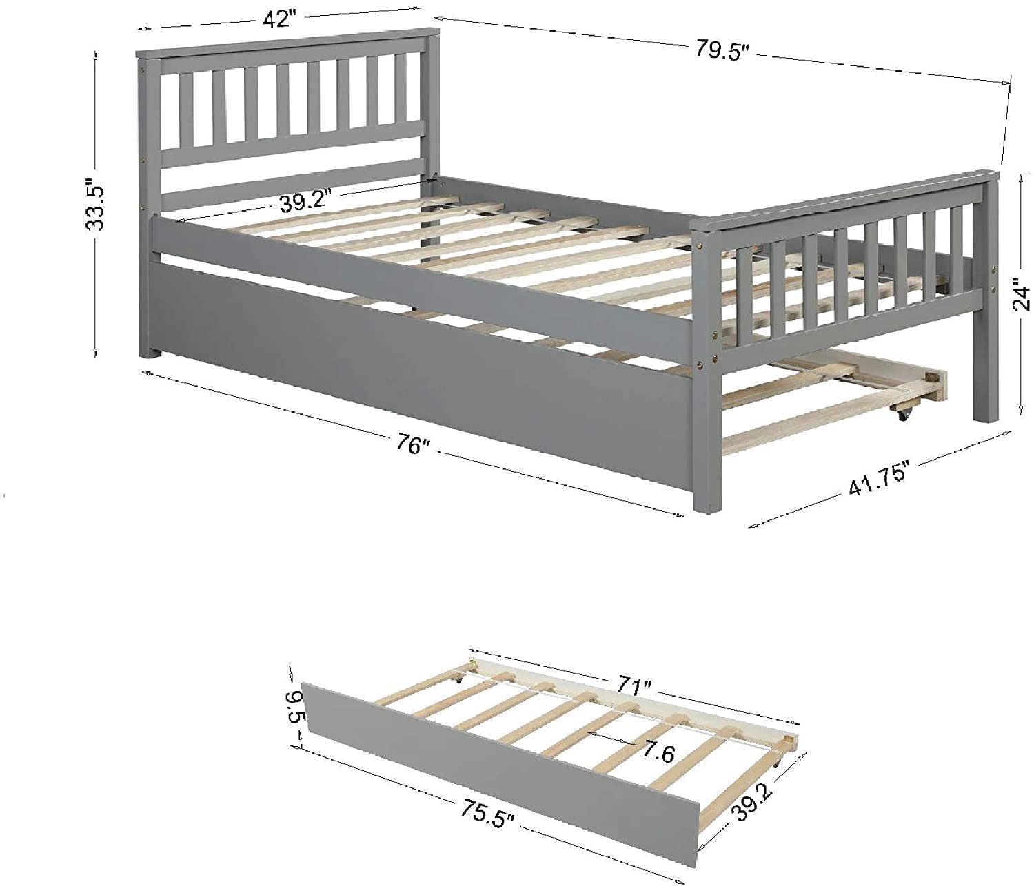 **KINFFICT Twin Platform Bed Frame with Trundle - Solid Pine Wood Daybed with Headboard & Footboard - Sturdy 10-Slat Support, No Box Spring Needed - Perfect for Kids' Room, Guest Bed, or Small Spaces (Gray)**