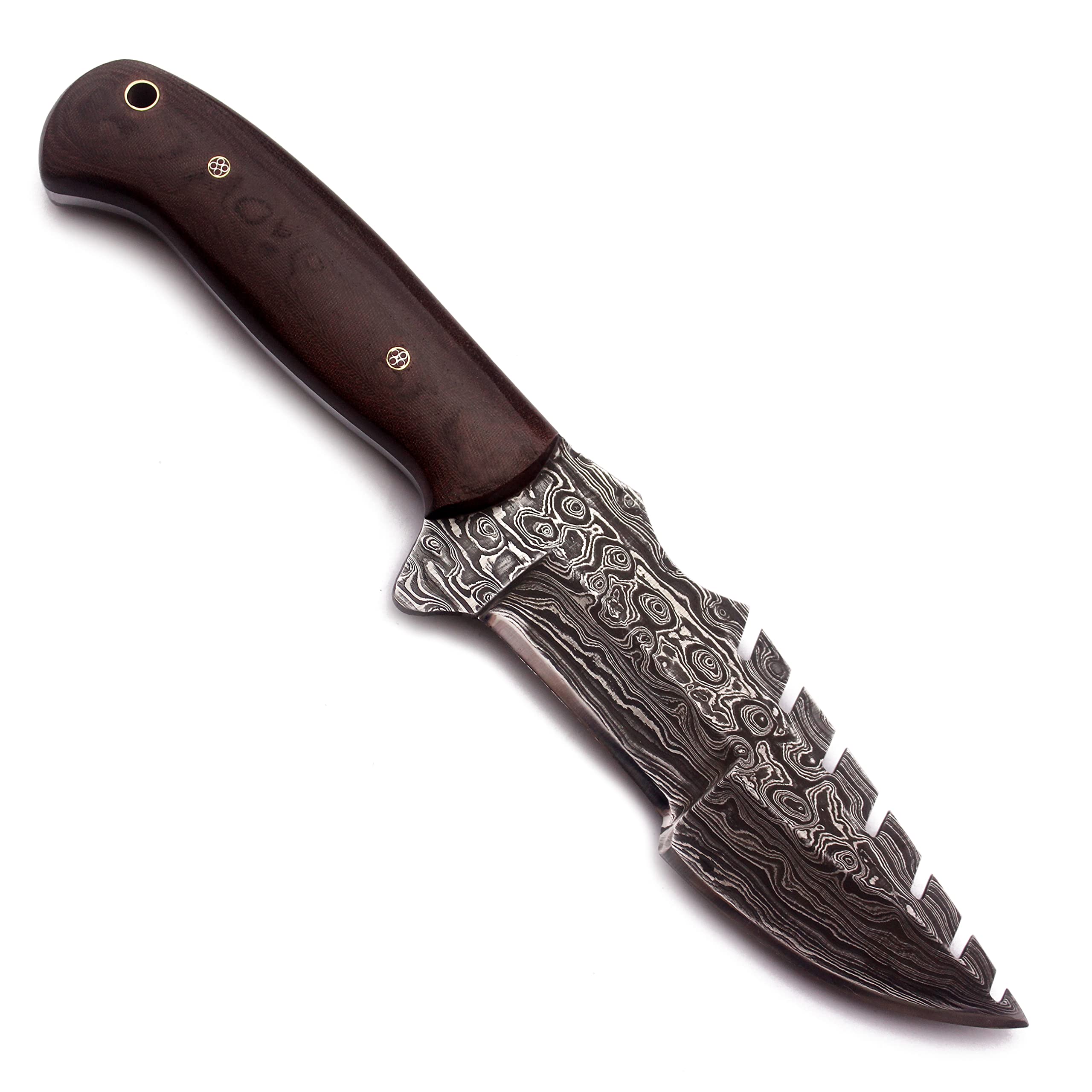 Premium Damascus Steel Tracker Knife - Handmade Fixed Blade Hunting Knife with G10 Handle & Cowhide Leather Sheath - Includes Sharpening Stone - Ideal for EDC, Hunting, Bushcraft, Camping (SAW BACK-38 BROWN)