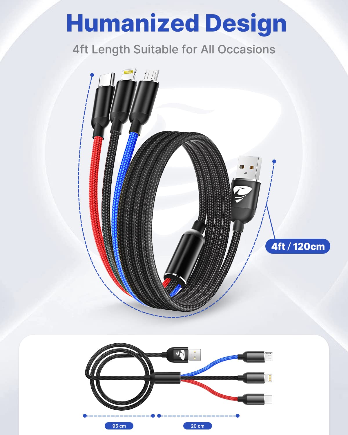 Thoolor 3-in-1 Nylon Braided Charging Cable (4FT, 2-Pack) - USB C, Micro USB & Lightning Compatible with iPhone, Android, iPad - Perfect for Home, Office & Travel Charging