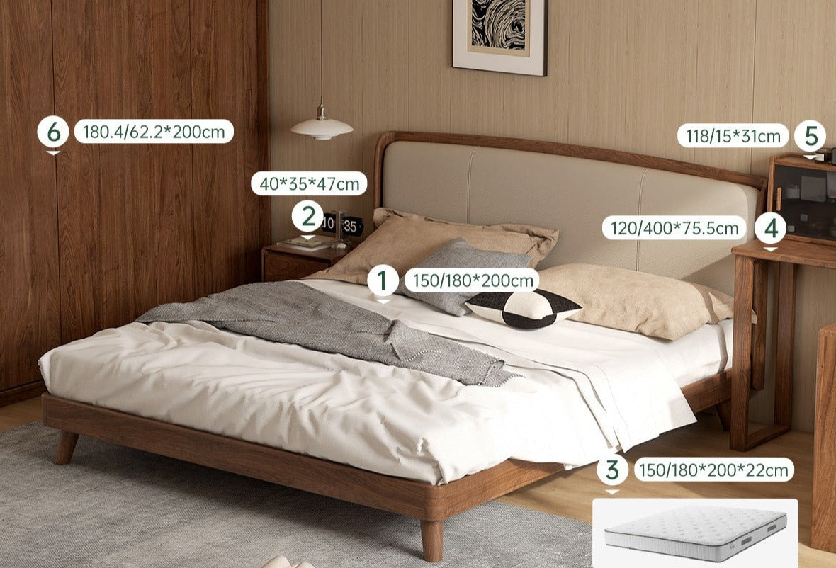 Premium Black Walnut Solid Wood Leather Bed Frame - Luxury Bedroom Furniture Set for Master Bedroom & Guest Room Decor
