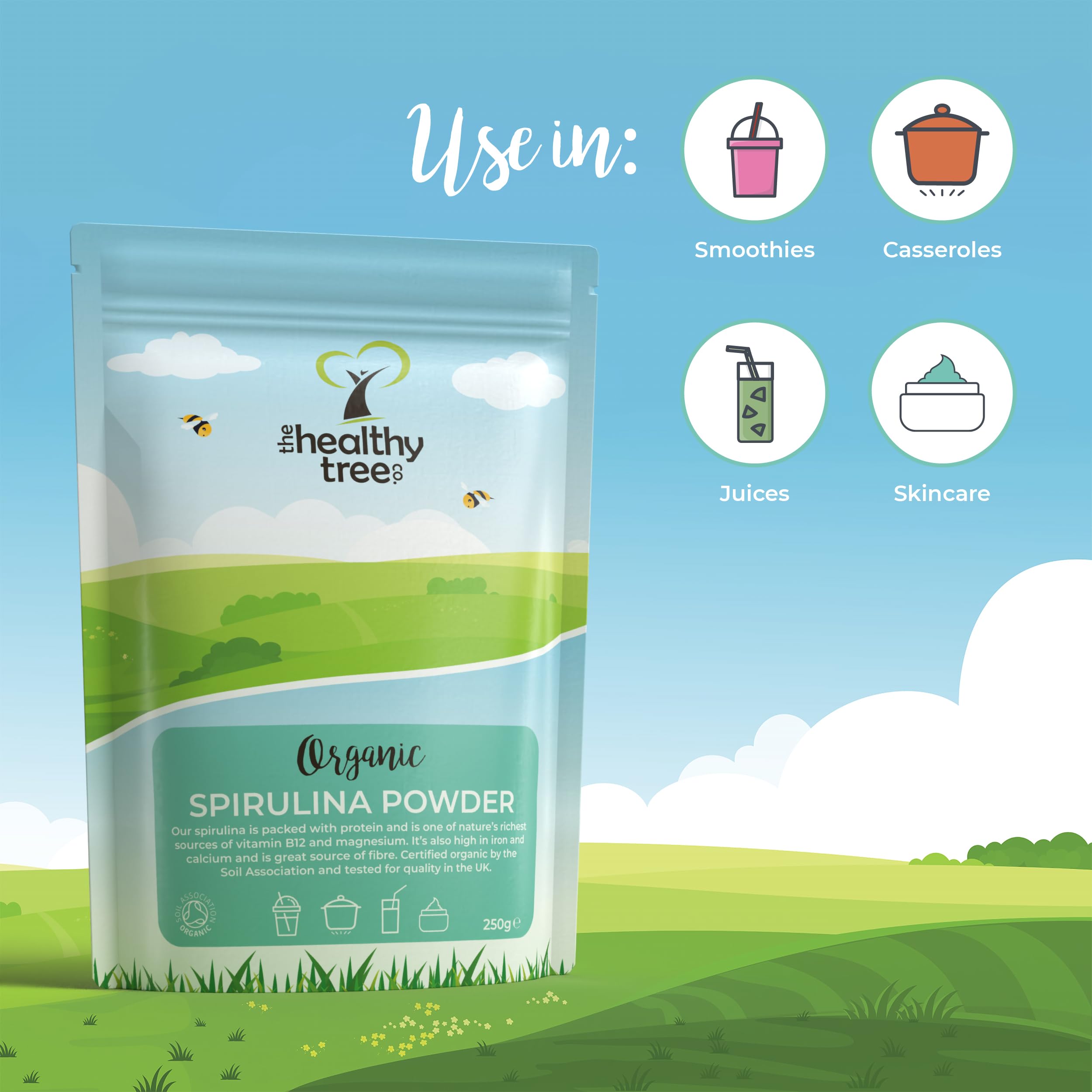 Organic Spirulina Powder by TheHealthyTree Company - Vegan Superfood for Smoothies & Juices | Rich in Vitamin B12, Protein, Iron & Calcium | UK Certified Pure Spirulina Supplement (250g) | Perfect for Detox, Energy Boosts & Healthy Lifestyle