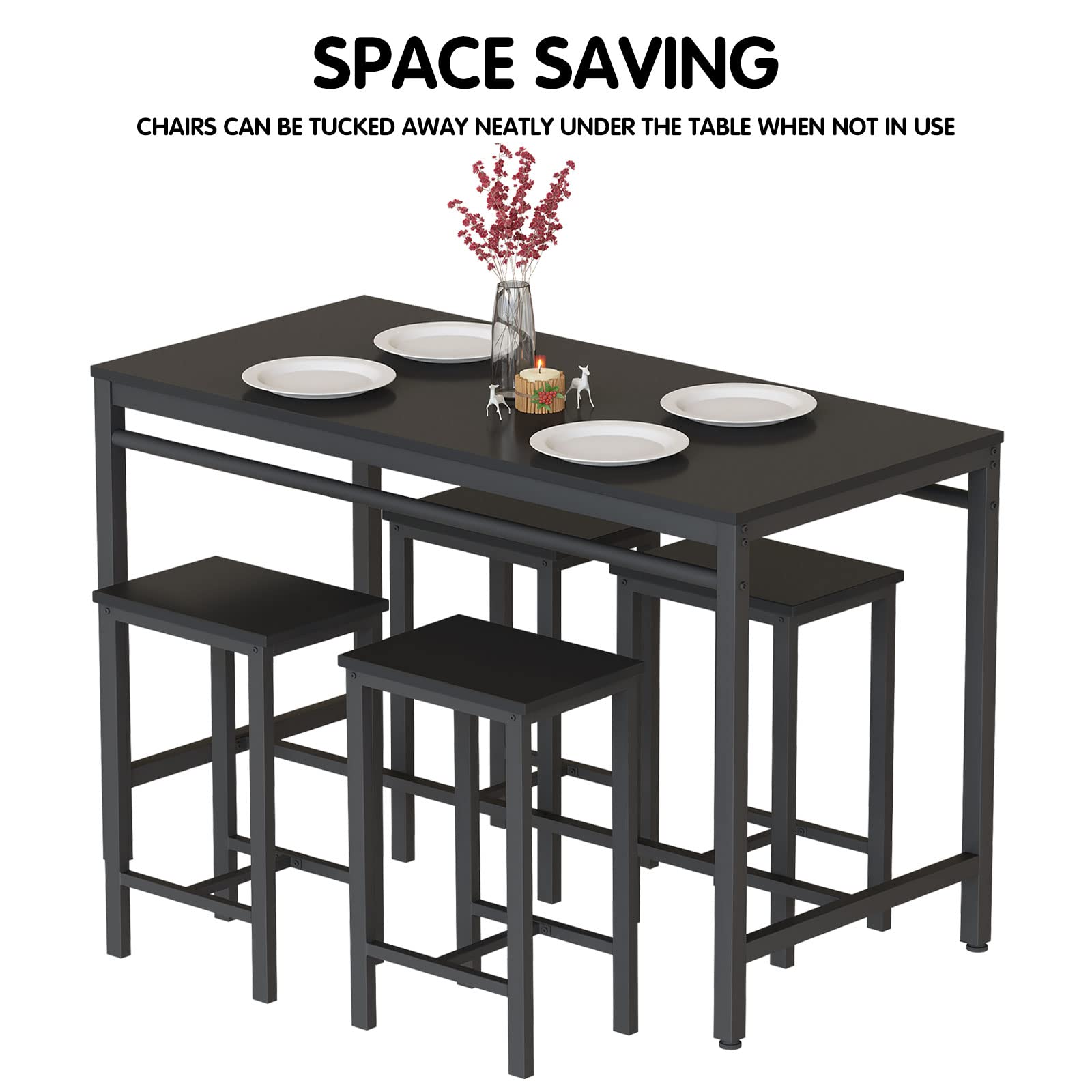 DKLGG 5-Piece Dining Table Set for 4 - Small Space Kitchen Table & 4 Chairs, Compact Dinette Set for Apartments, Restaurants - Jet Black | Perfect for Breakfast Nooks, Studio Apartments & Cozy Dining Spaces