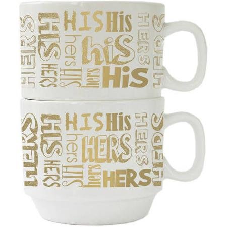 His & Hers Stackable Coffee Mugs Set of 2 - Gold Couple Mugs for Coffee, Tea, or Hot Chocolate - Perfect for Anniversaries, Valentine's Day & Romantic Gifts