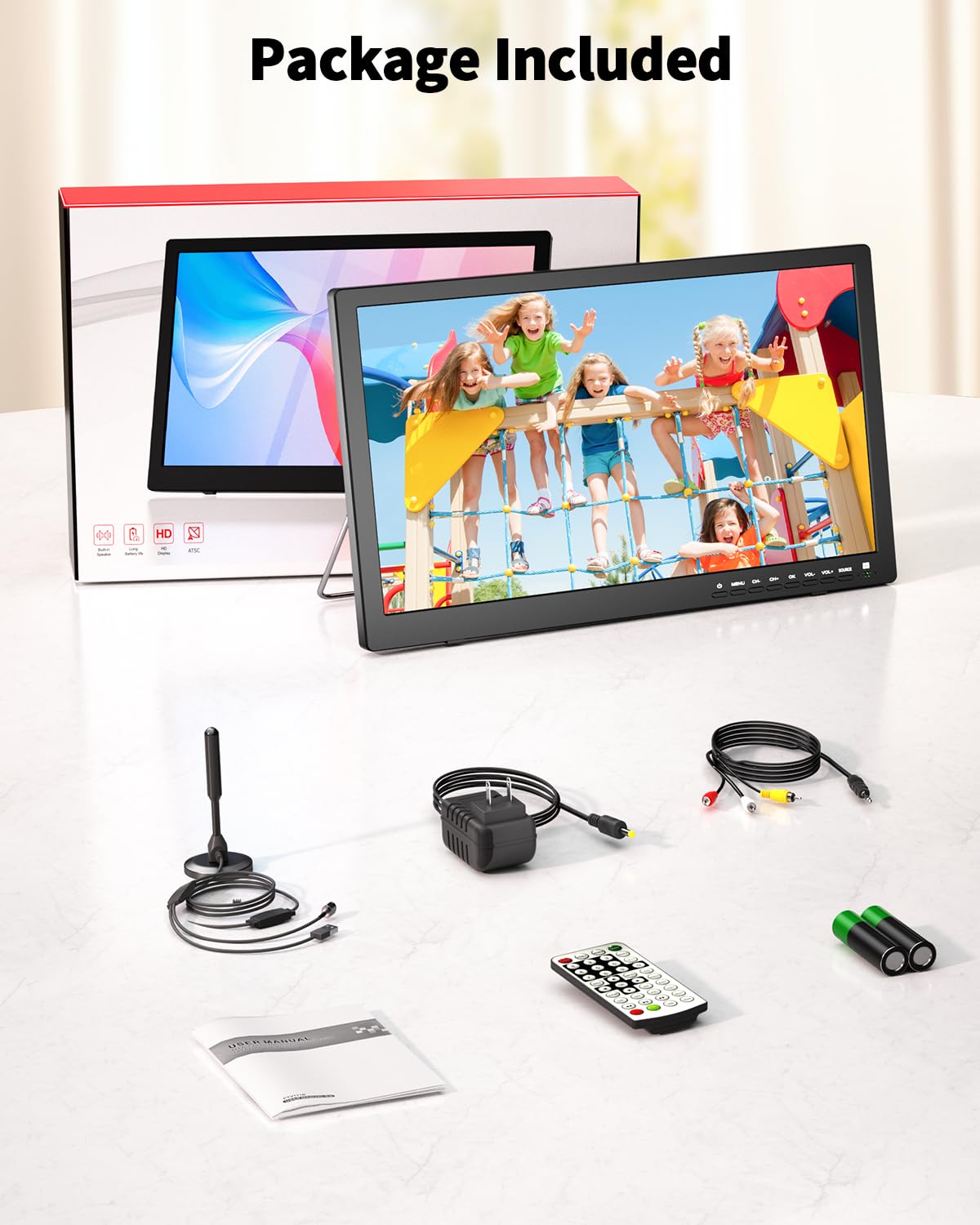 17 Inch Portable TV with Antenna - ATSC Digital Tuner, Rechargeable Battery Powered LCD Monitor with Built-in Stand | HDMI, AV, USB Inputs | Perfect for Kitchen, Bedroom, Camping, RV & Travel | Ideal for Emergency Weather Updates & Outdoor Entertainment