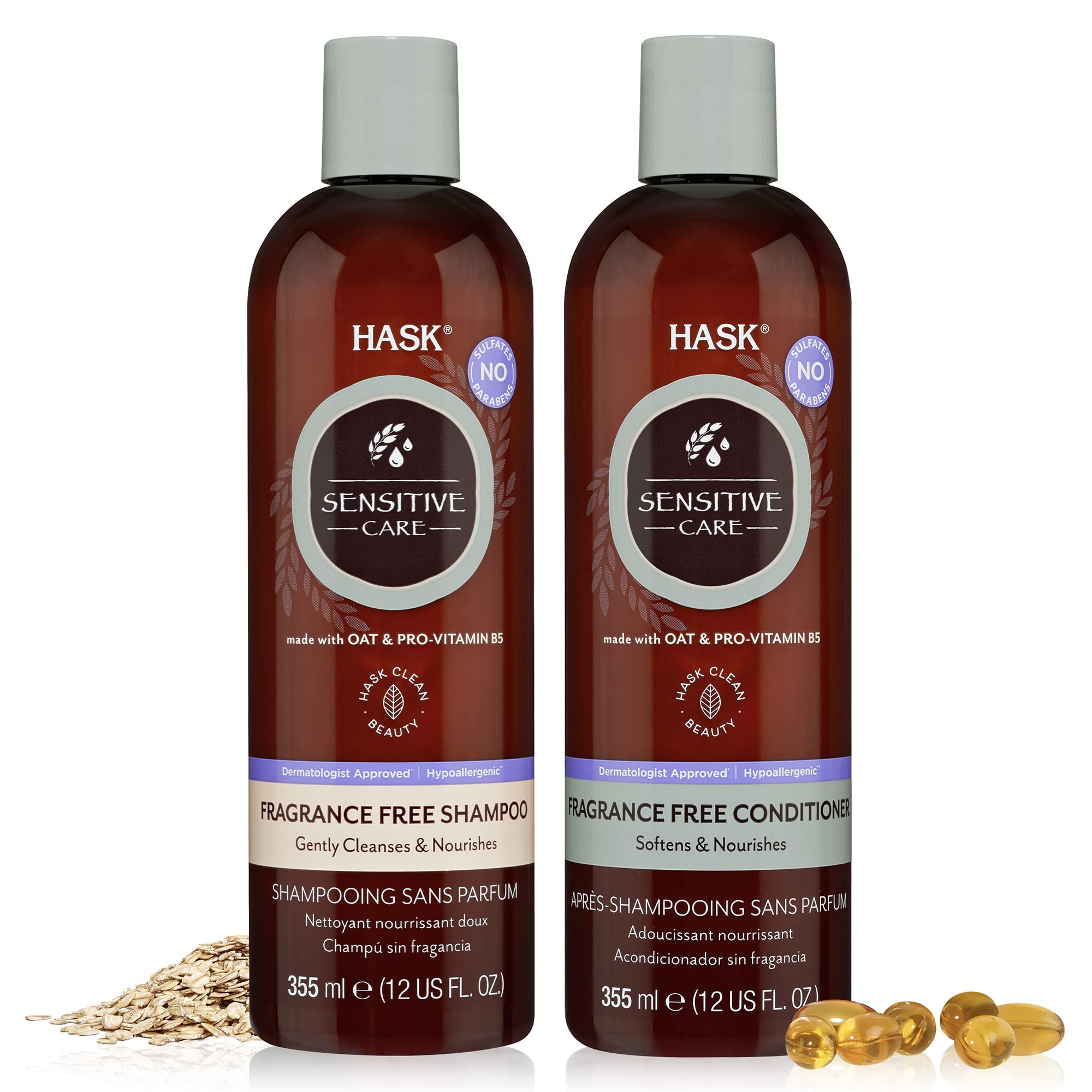HASK SENSITIVE CARE Shampoo & Conditioner Set - Fragrance Free, Paraben Free, Vegan, Color Safe, Gluten Free, Sulfate Free, Cruelty Free Hair Care for Sensitive Scalp - Perfect for Daily Use & Color-Treated Hair