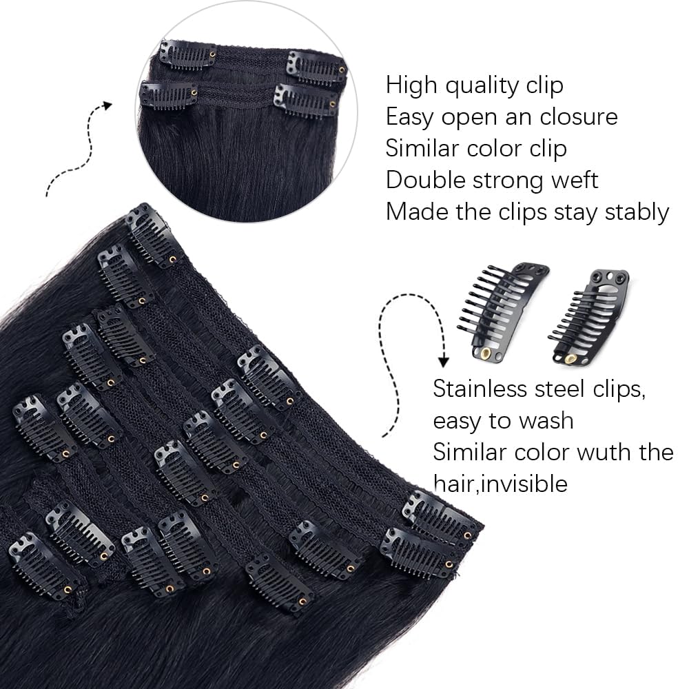 Straight Clip in Hair Extensions for Black Women - 8pcs Real Human Hair Set with 18 Clips & Double Lace Weft, 120g, 100% Soft Natural Black Hair (24Inch, #1B) - Perfect for Daily Styling, Parties & Special Occasions