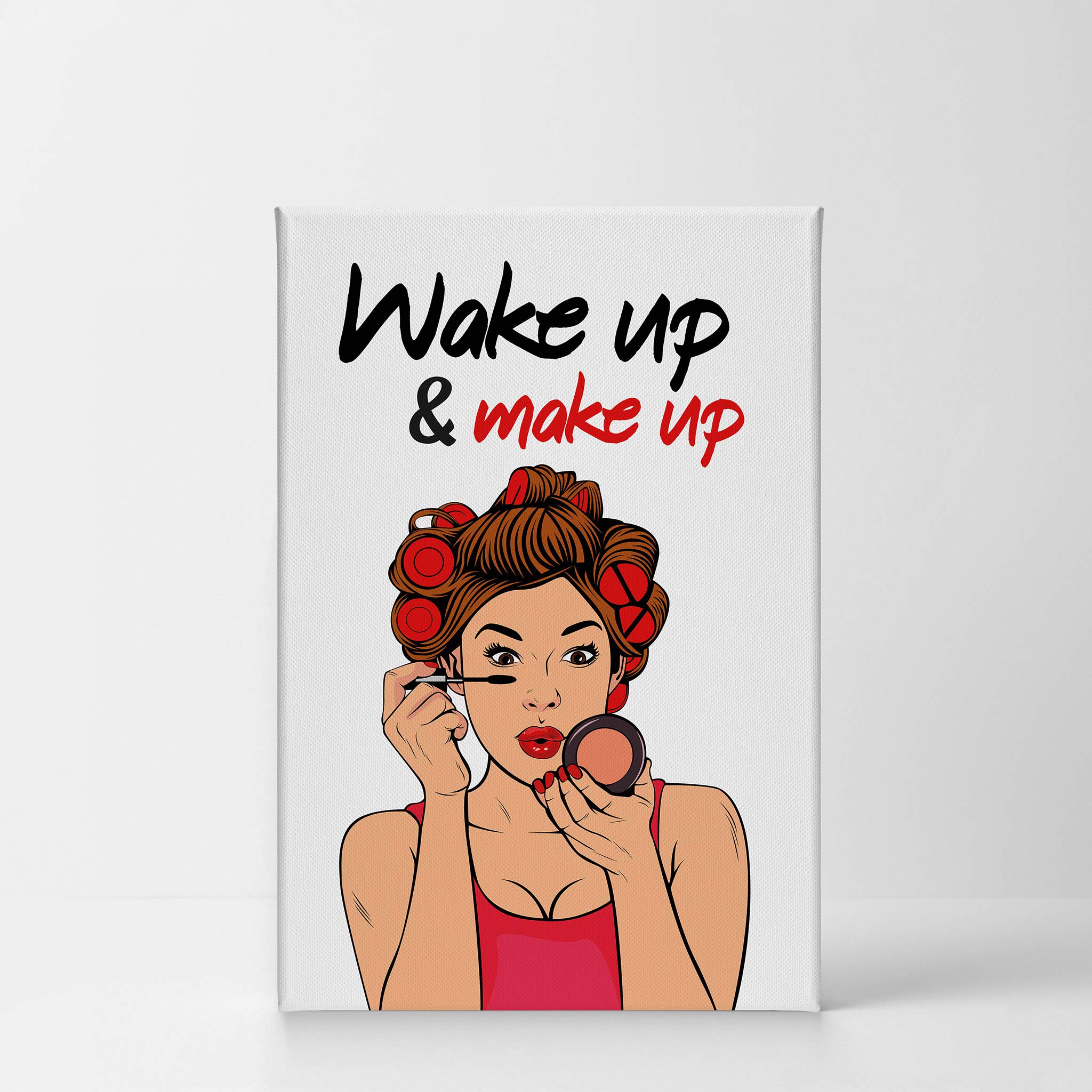 Smile Art Design Wake Up Make Up Canvas Print - Pretty Woman Bathroom Sign Wall Decor (40x30 Inches) | Ready to Hang Bathroom Wall Art, Home Decoration | Made in USA | Perfect for Powder Rooms, Guest Baths & Vanity Areas