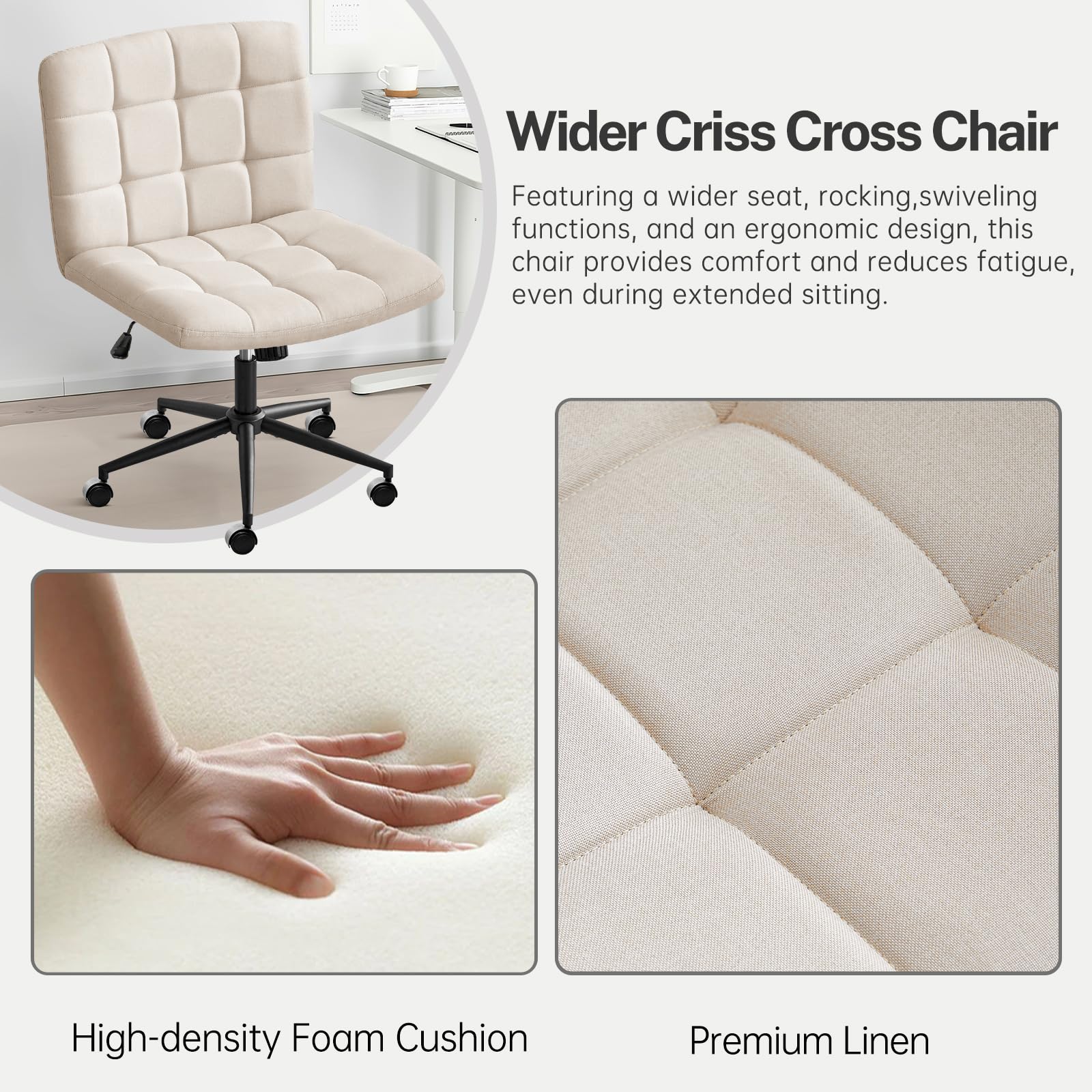 Furniliving Ergonomic Home Office Desk Chair with Wheels - Criss Cross Leg Base, Wide Seat, Armless & Height Adjustable Mid Back Swivel Chair for Work, Study, Gaming - Linen Beige Accent Vanity Chair for Small Spaces