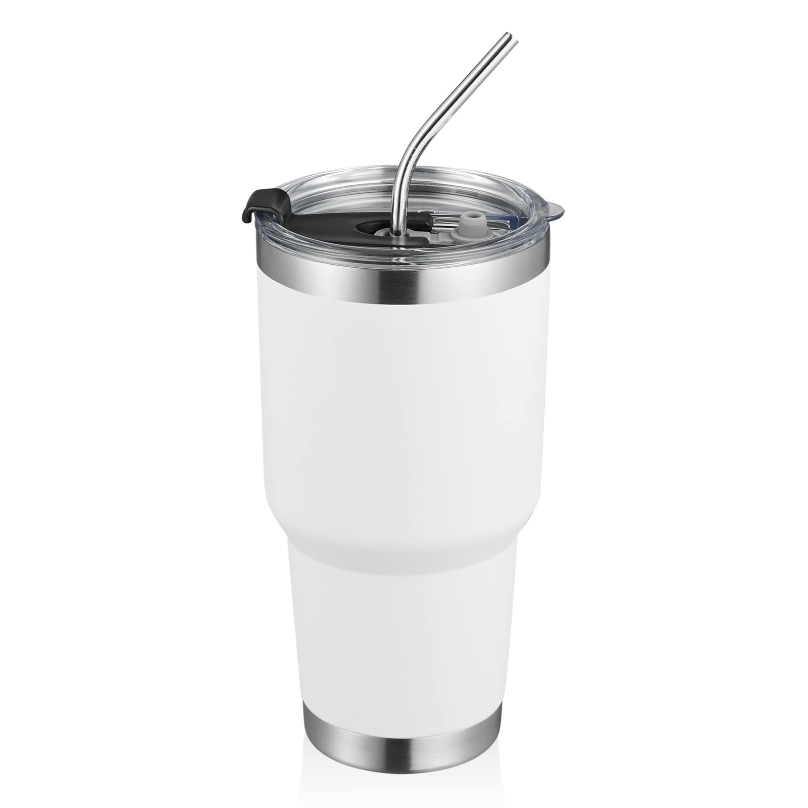 30 oz Insulated Stainless Steel Travel Coffee Mug with Lid & Straw - Double Wall Vacuum Tumbler for Hot & Cold Drinks - Powder Coated Durable Design - Perfect for Office, Commuting, Camping & Outdoor Use (White, 12 Pack)