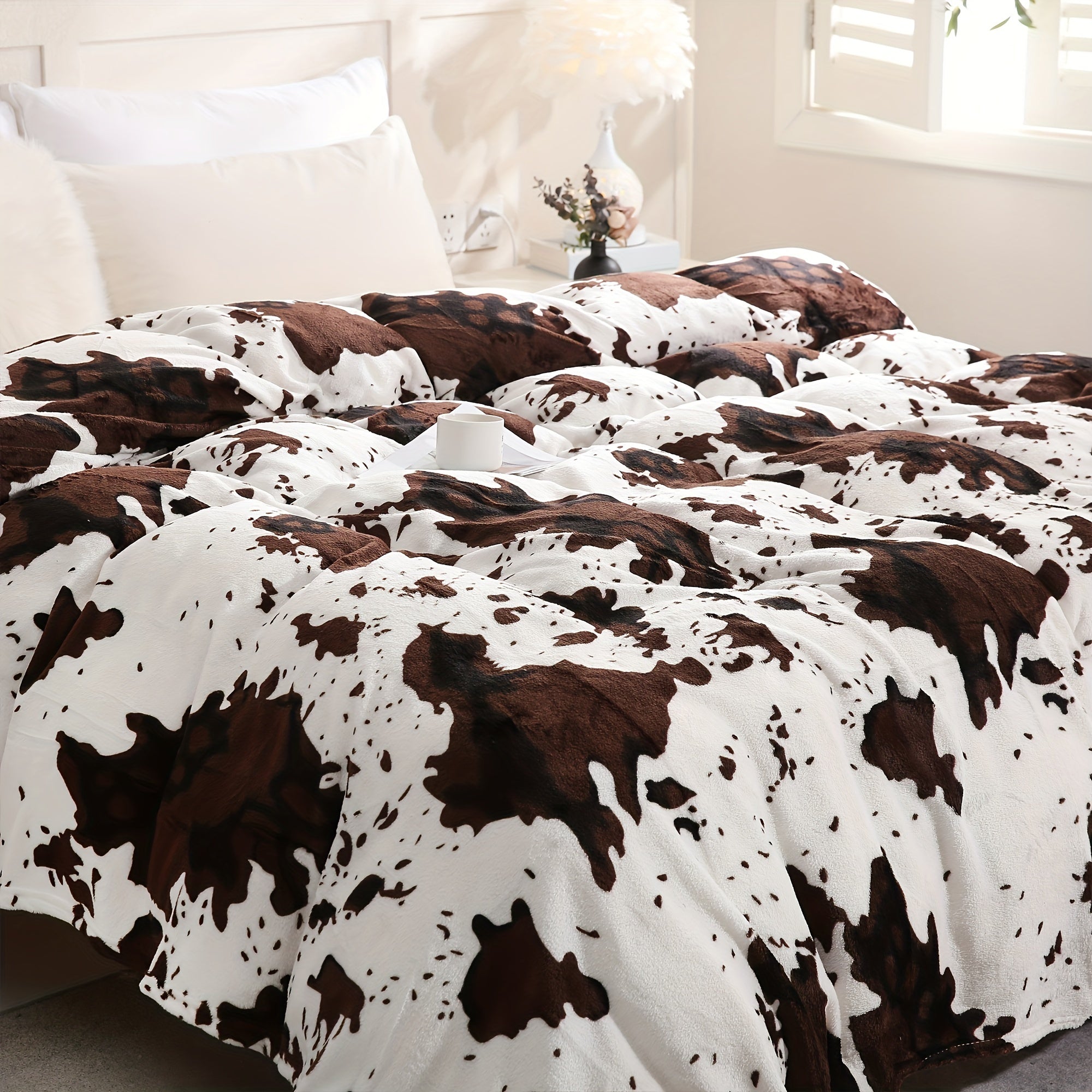 1pc Cozy Cow Print Plush Blanket - Ultra Soft, Warm & Lightweight All-Season Throw - Perfect for Women, Men, Teens & Students - Ideal for Home, Office, Camping, Travel & Gifts