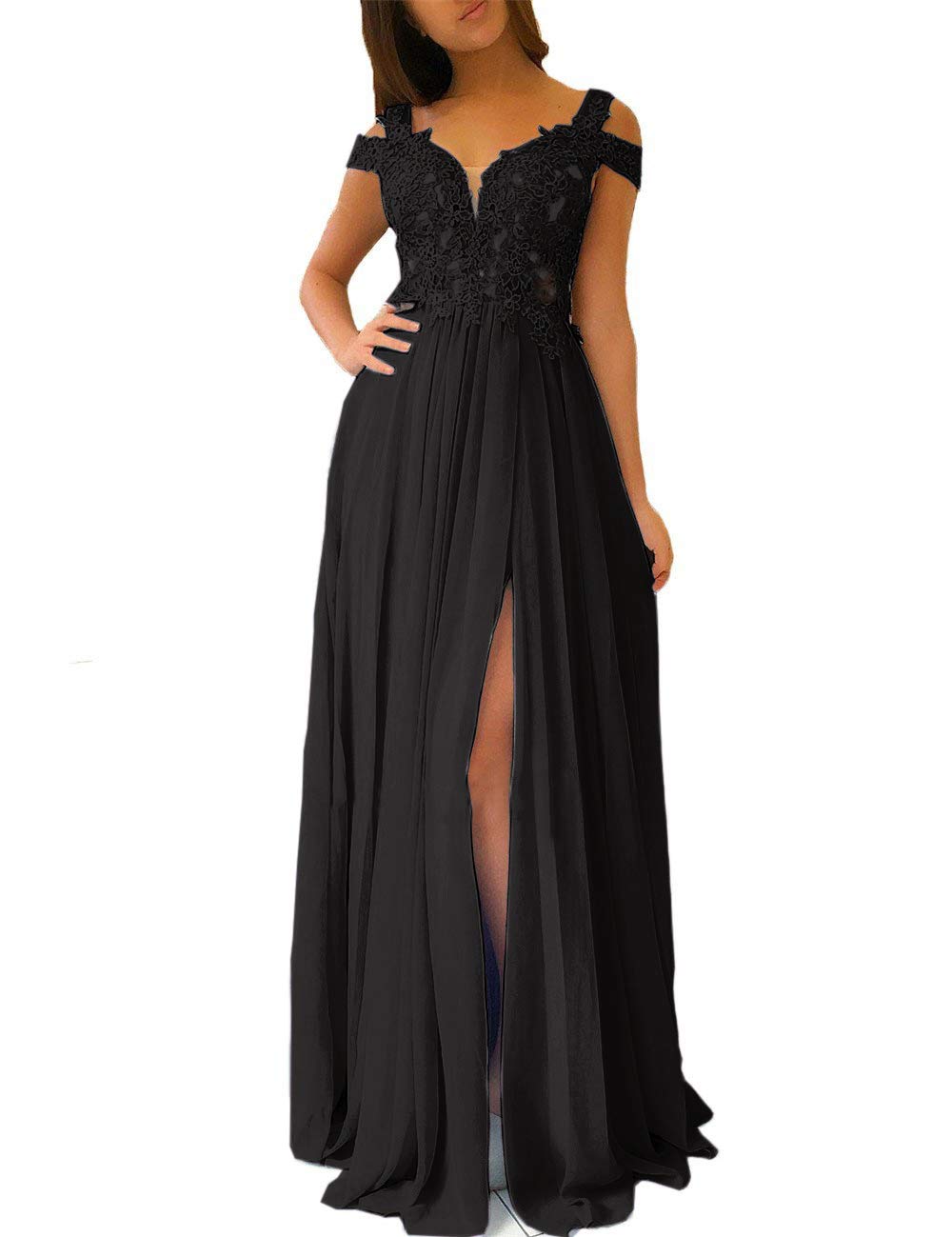 Elegant Women's Lace Appliqued Evening Gowns with Side Split - A-line Prom Dresses Long for Formal Events, Weddings & Parties - Perfect for Red Carpet, Gala & Special Occasions