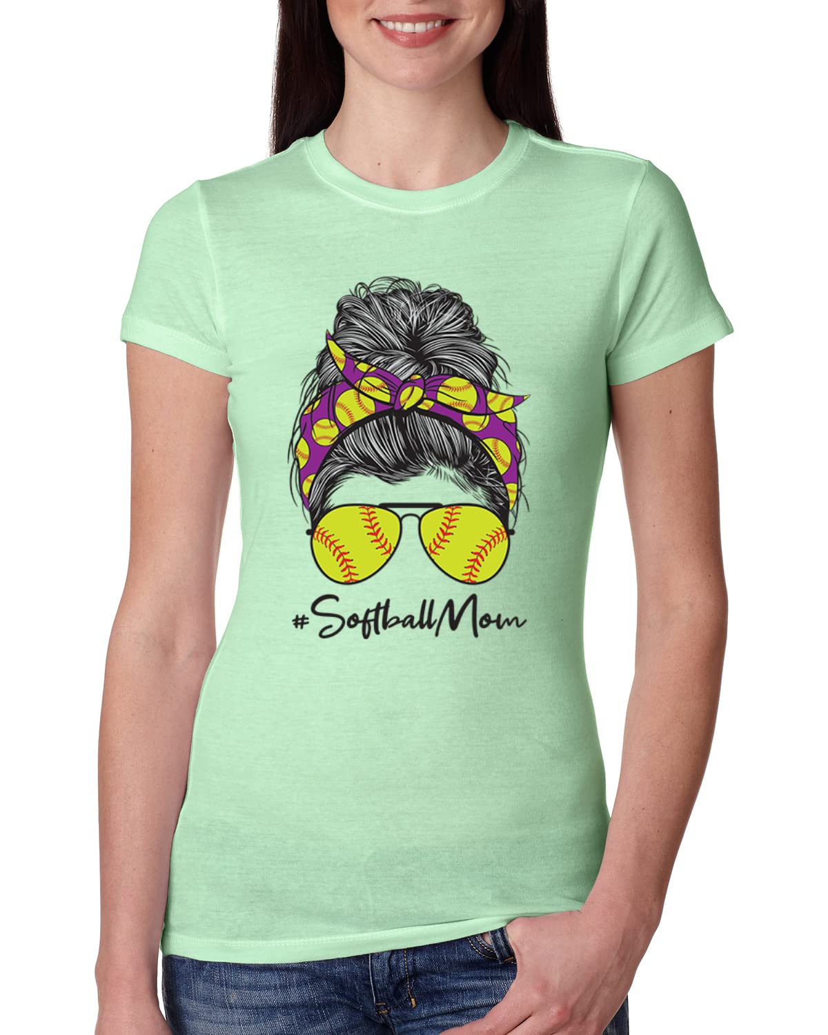 Messy Bun Softball Mom T-Shirt - Women's Slim Fit Junior Tee for Game Day, Sports Lovers & Mother's Day Gifts | Perfect for Baseball Moms, Team Spirit & Casual Wear