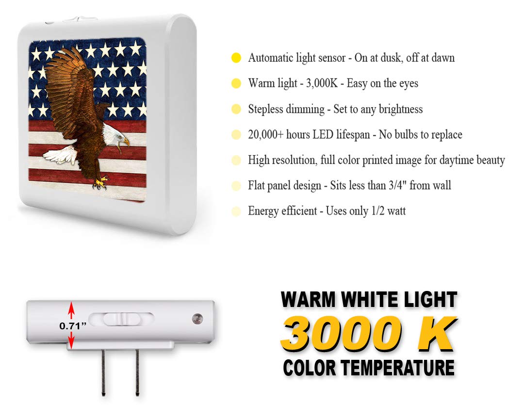 Dimmable LED Night Light with Auto On/Off Sensor - Adjustable Brightness & Warm White Light for Bathroom, Hallway, Nursery, Bedroom - USA Flag Eagle Design by Dan Morris - Perfect for Nighttime Safety & Energy-Efficient Home Lighting