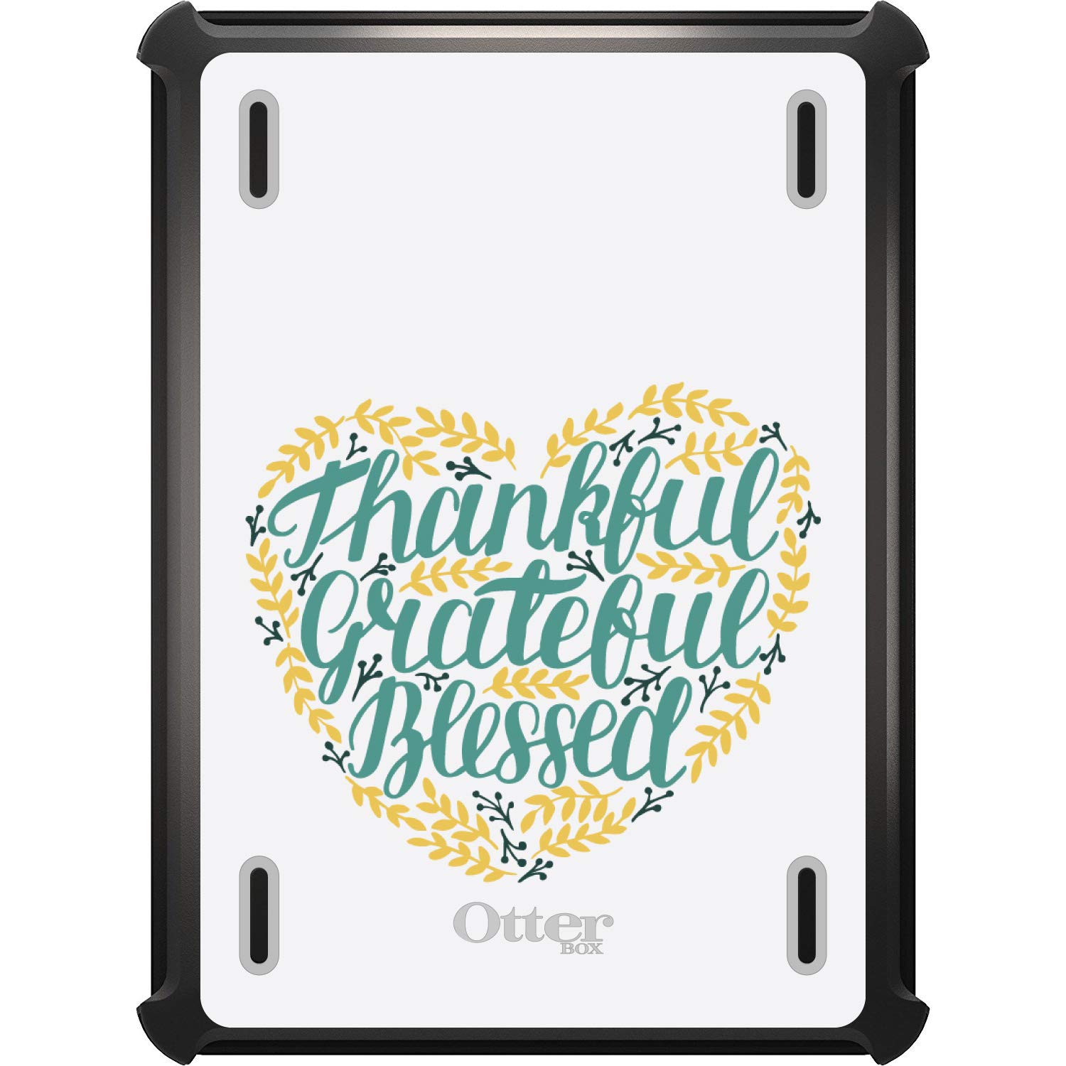 DistinctInk Protective Case for iPad Air 4 (2020 Model) - Black Custom Replacement Cover Compatible with OtterBox Defender - Thankful Grateful Blessed Design with Heart Flowers - Perfect for Work, Travel & Everyday Use