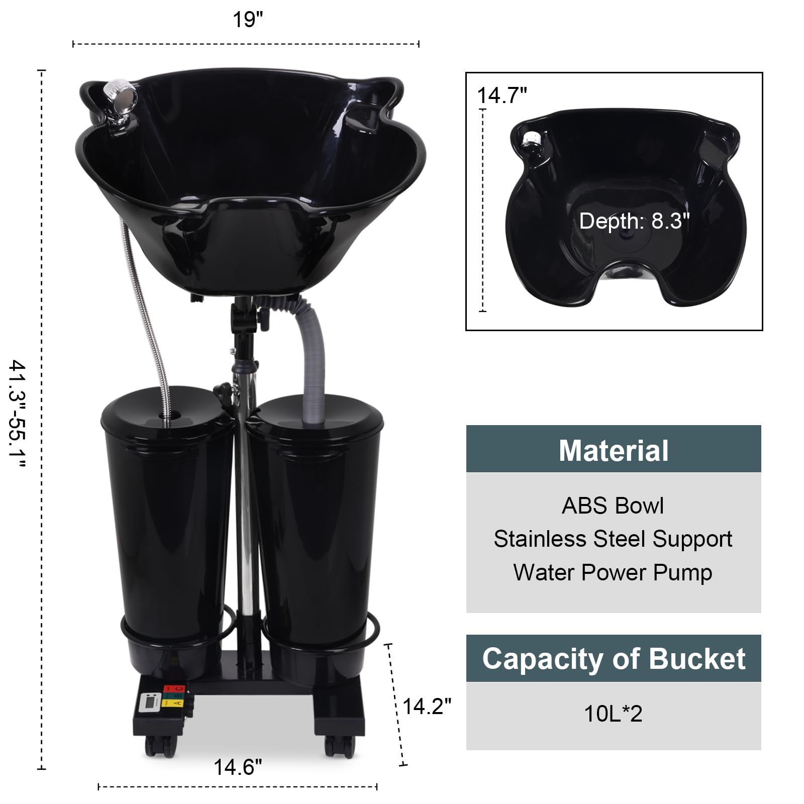 Rechargeable Portable Shampoo Bowl with Electric Pump & Sprayer - 2-Tank Rolling Hair Washing Sink for Salon Water Storage & Drainage | Perfect for Mobile Hair Stylists & Home Hair Care