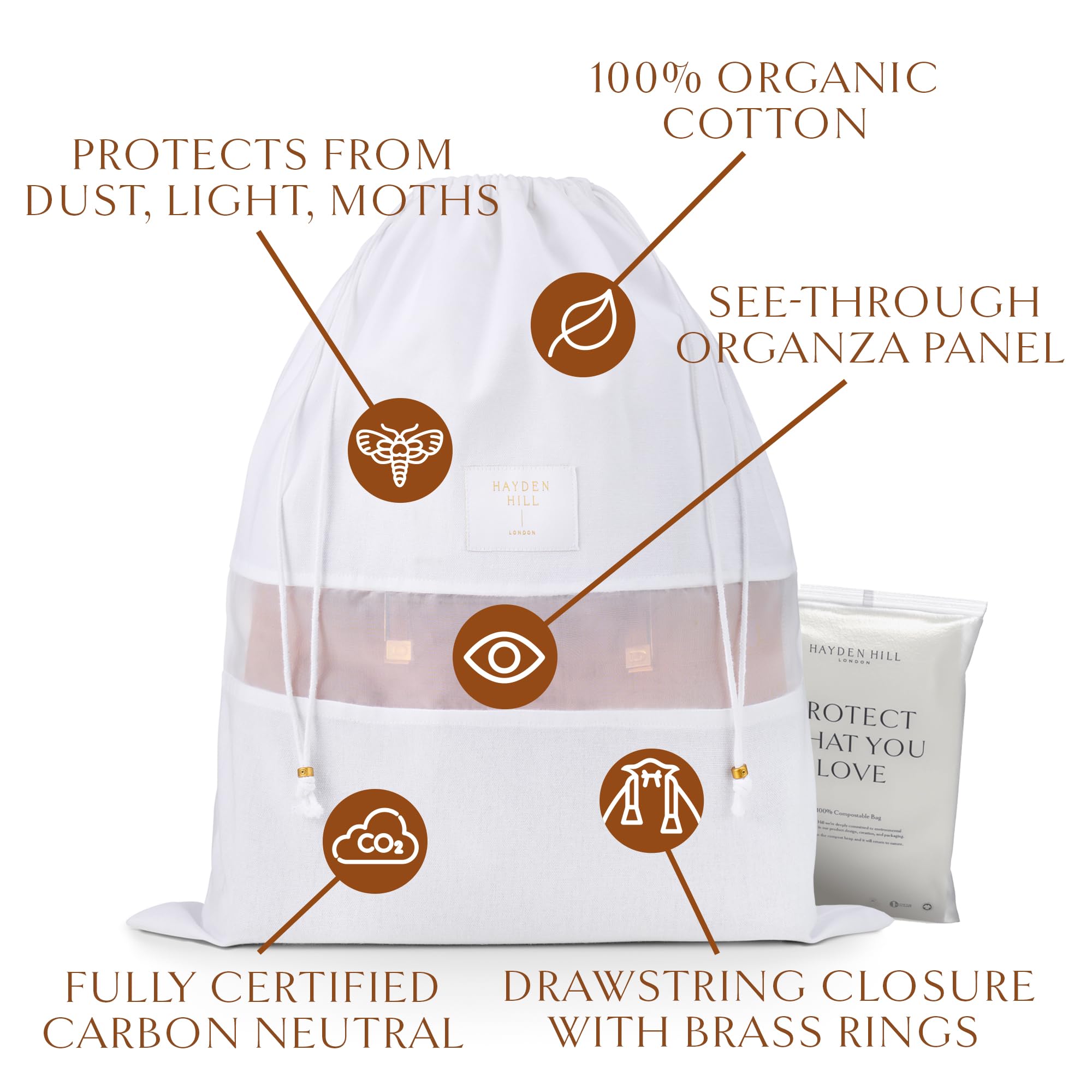 Hayden Hill Premium Organic Cotton Dust Bags for Handbags & Purses - 3 Pack Small (15 Inch) - Luxury Shoe Storage Bags, Purse Protectors for Closet Organization - Carbon Neutral Certified - Perfect for Travel, Storage & Luxury Item Protection