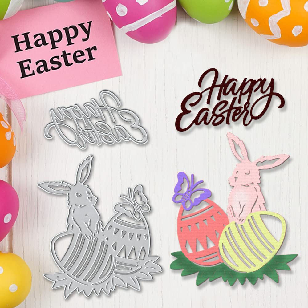 2 Pack Easter Bunny Egg Cutting Dies - Rabbit & Word Die Cuts for DIY Card Making, Scrapbooking, Photo Albums - Easter Embossing Stencil Templates for Holiday Crafts, Greeting Cards & Home Decorations