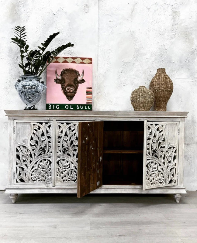 White Carved Solid Wood Sideboard Buffet Table with 4 Doors - Perfect for Dining Room Storage & Rustic Home Decor