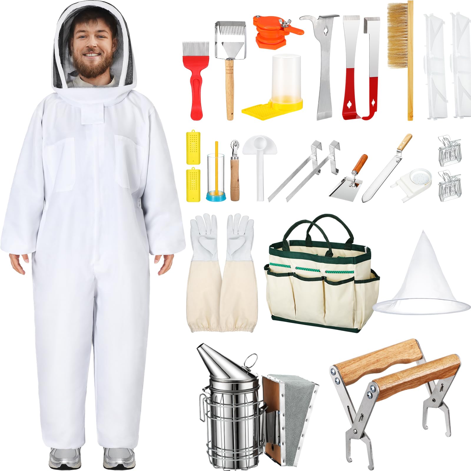 30 Pcs Beekeeping Starter Kit - Professional Bee Suit, Hive Tools & Supplies for Beginners - Complete Beekeeper Set for Men & Women (XL) - Perfect for Hive Maintenance, Honey Harvesting & Beekeeping Activities