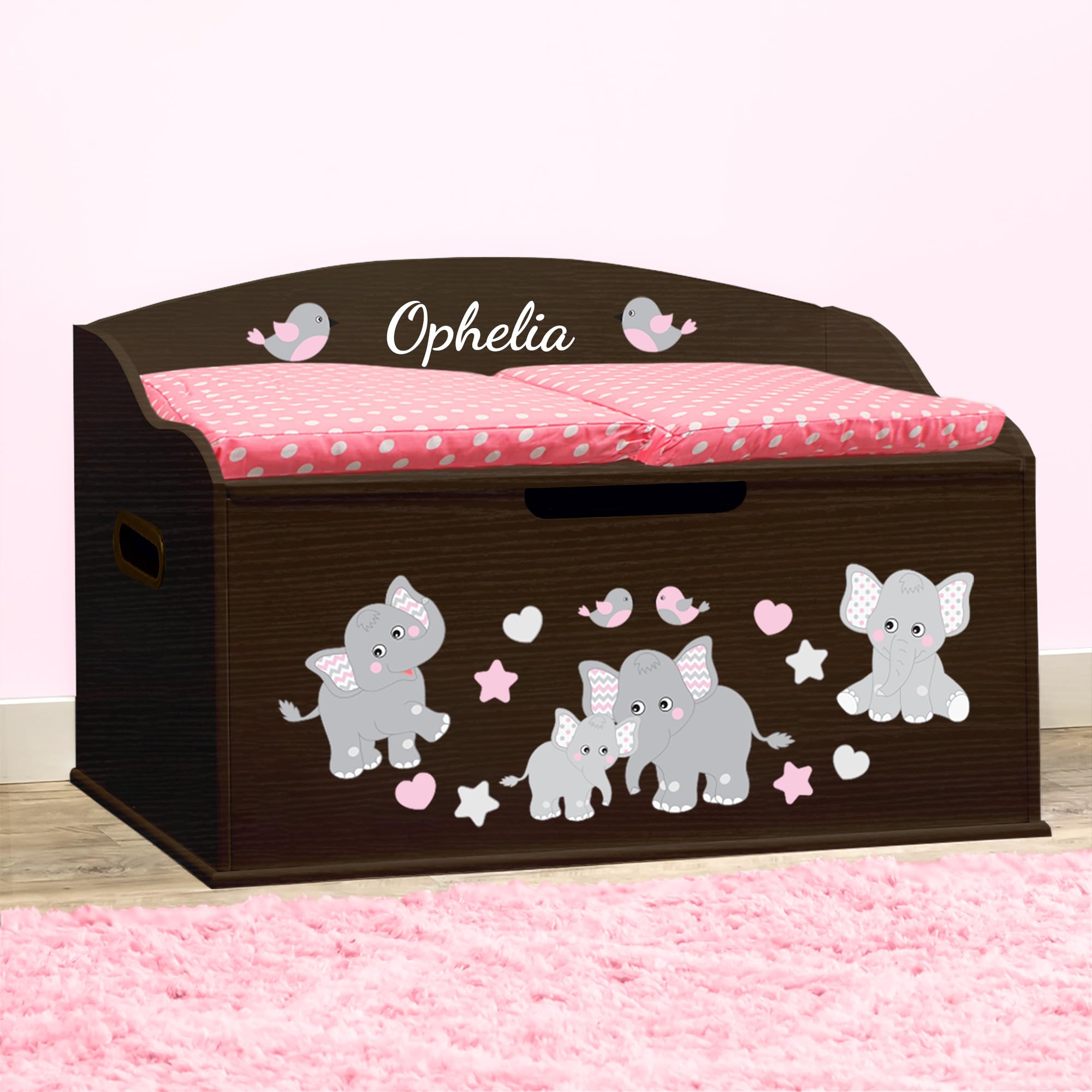 DIBSIES Personalized Creative Wonders Toy Box - Pink Elephants & Espresso Finish | Custom Kids' Storage Organizer for Playroom, Nursery & Bedroom Decor