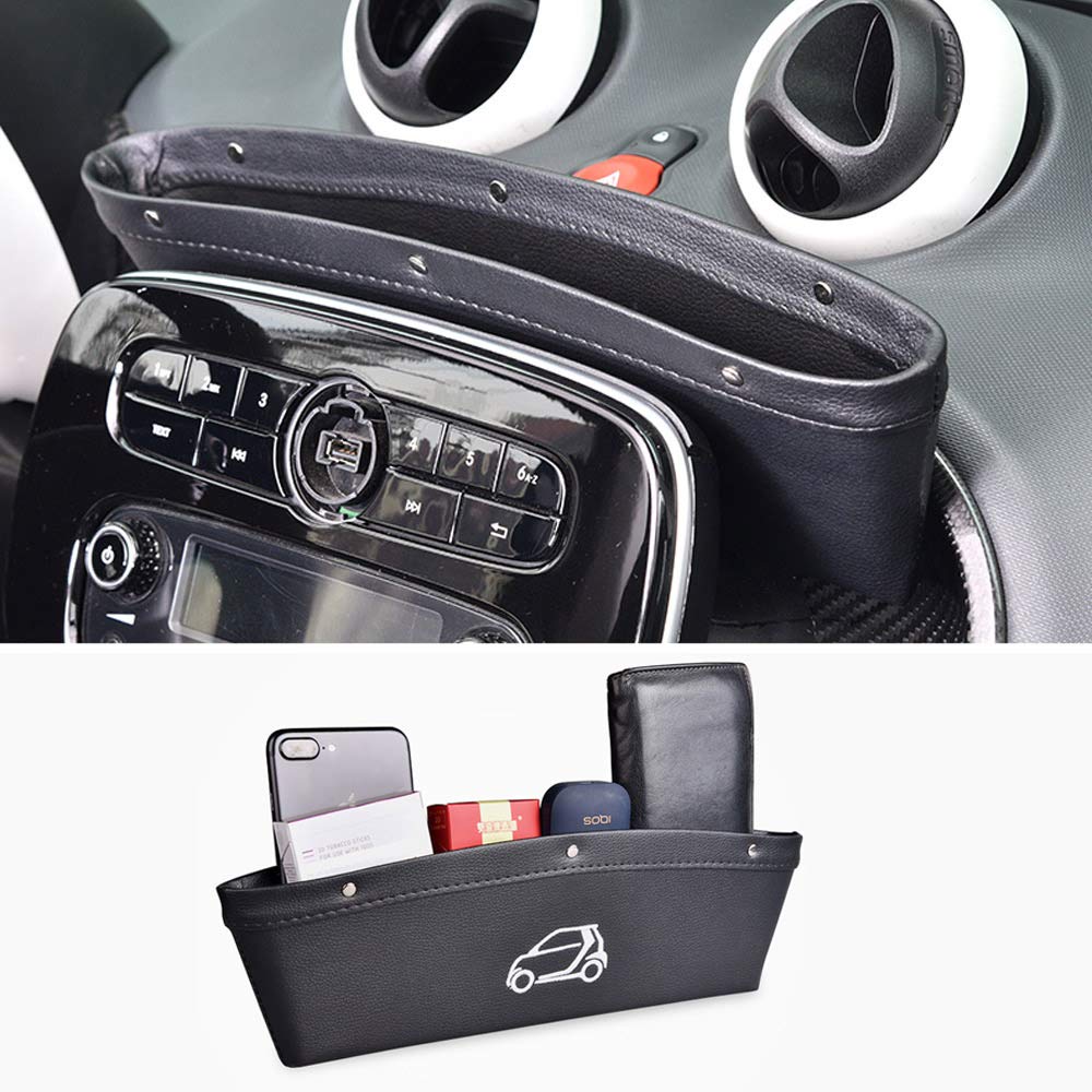 Mercedes Benz Smart 451 453 Fortwo Forfour Car Dashboard Seat Gap Storage Organizer - Black Leather with Logo | Interior Accessories for Phone, Wallet & Small Items | Perfect for Road Trips & Daily Commute