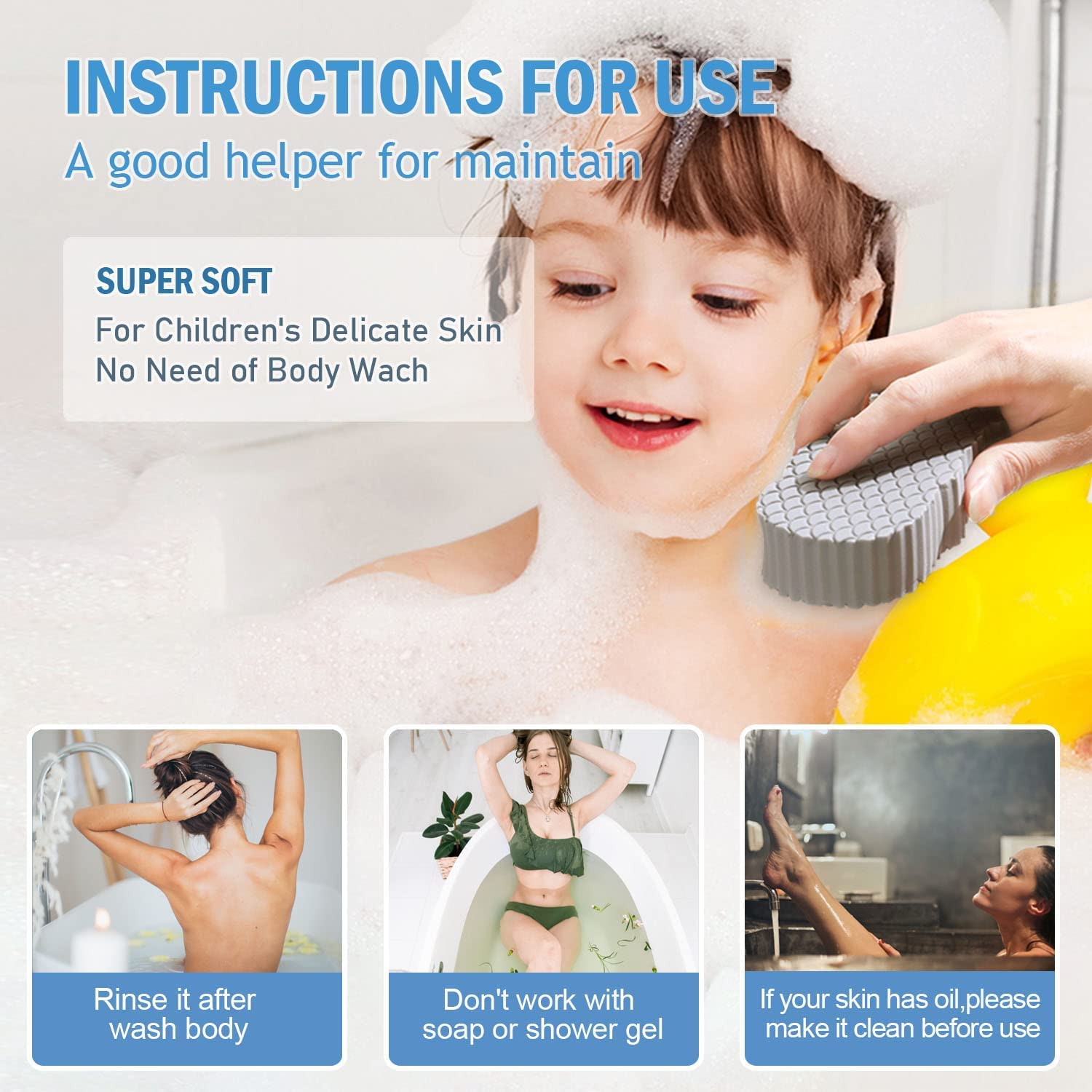 EQUVIA Ultra Soft 3D Exfoliating Bath Sponge for Adults, Kids & Pregnant Women - Reusable Body Scrubber & Shower Loofah - Gentle Skin Cleansing for Sensitive Skin - Pack of 1 - Perfect for Daily Shower, Spa & Baby Bath Time