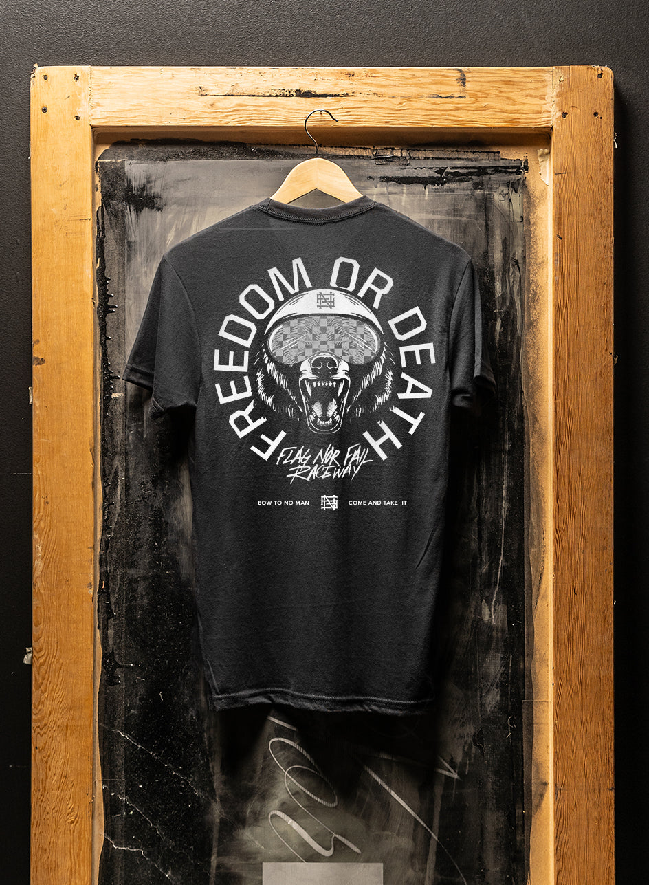 Race Track Bear Graphic Tee - Black Cotton T-Shirt for Men & Women - Casual Streetwear, Gaming & Motorsport Enthusiasts