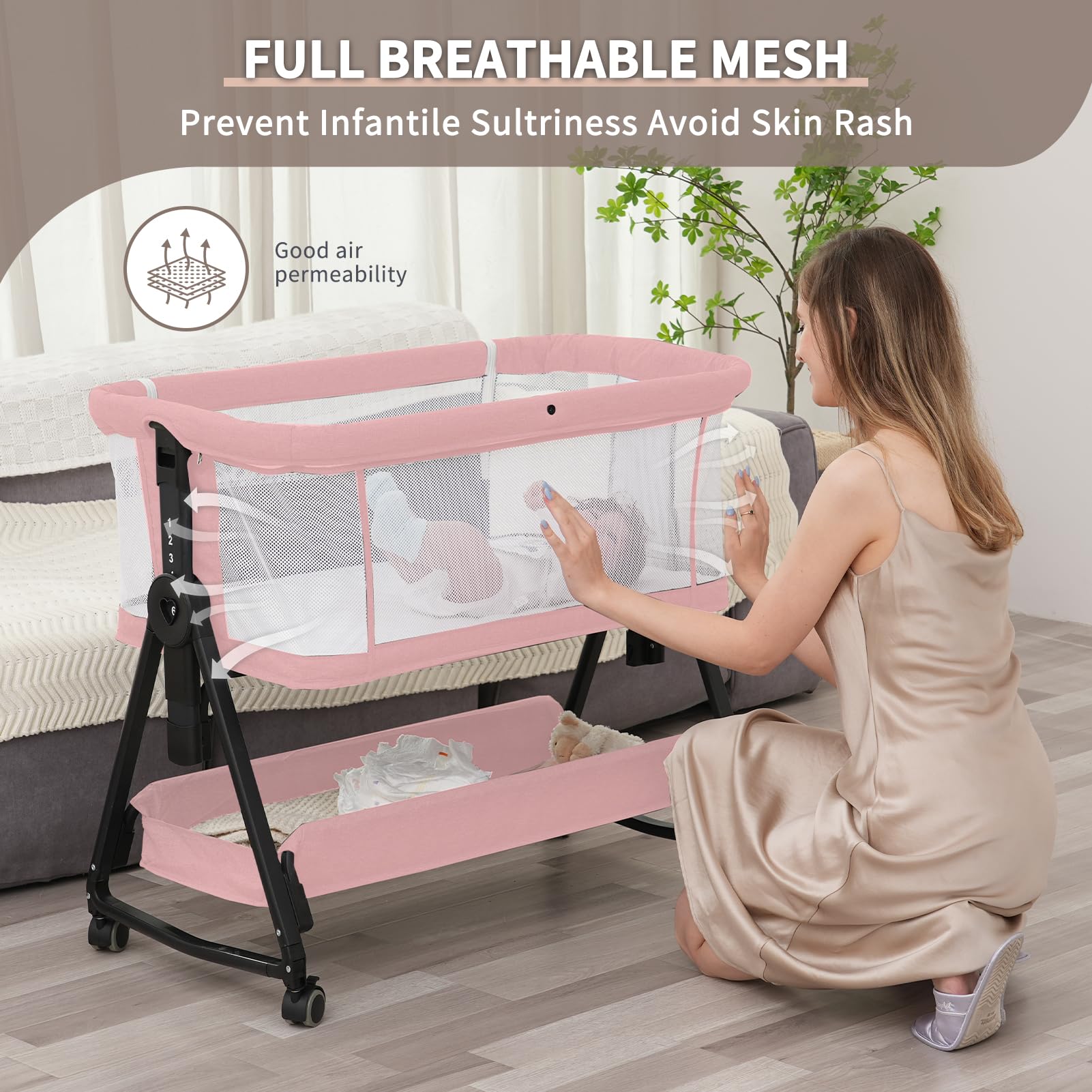 3 in 1 Baby Bassinet with Storage Basket & Wheels - Adjustable Portable Crib for Newborns - Pink Bedside Sleeper with Easy Folding Design - Perfect for Nursery, Bedroom & Travel - Jestonten
