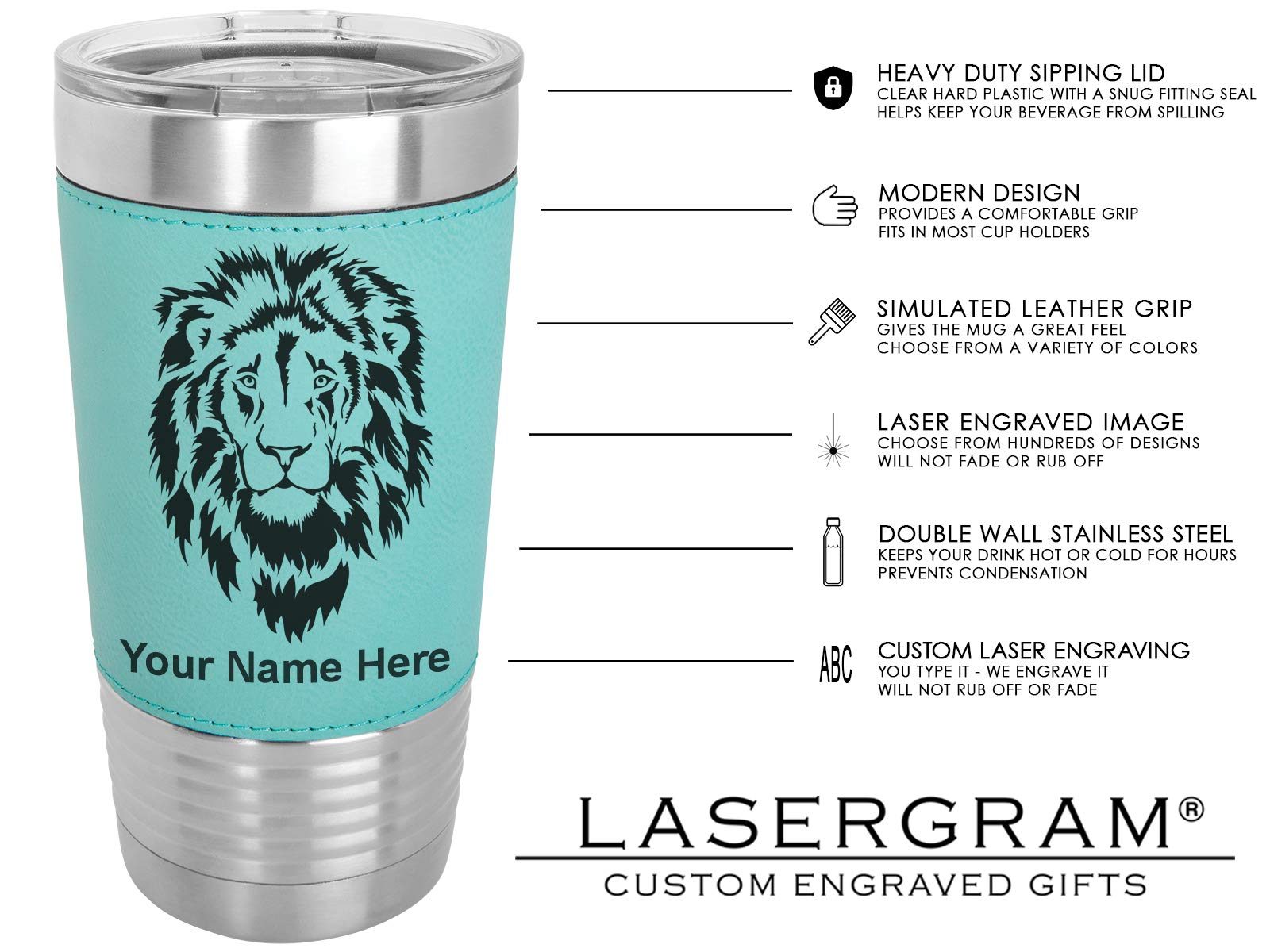 LaserGram 20oz Vacuum Insulated Stainless Steel Tumbler Mug with Leakproof Lid - Custom Engraving, Faux Leather Handle, Teal Color - Perfect for Coffee, Tea & Cold Drinks at Office, Gym or Travel