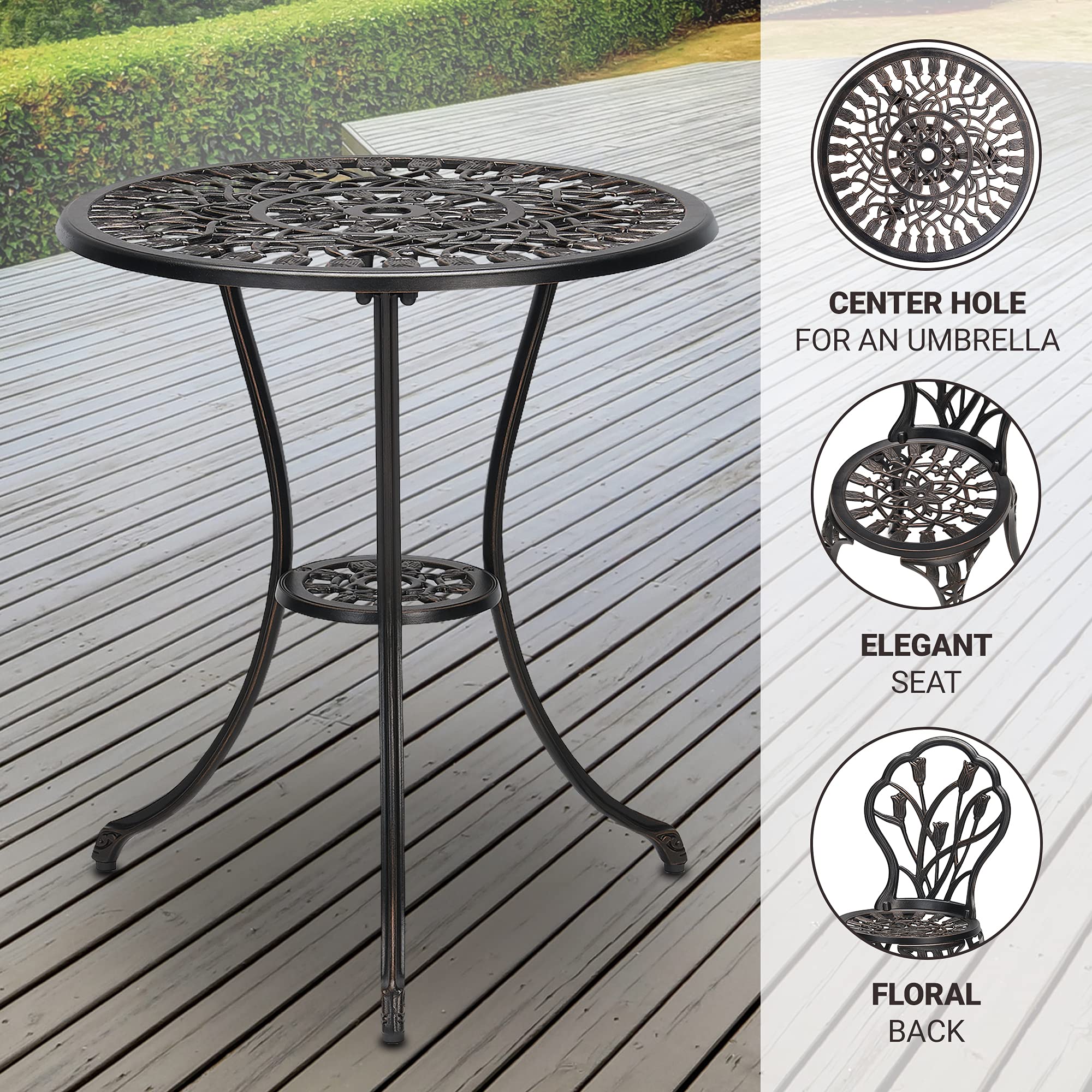 Laurel Canyon Antique Copper Finish Outdoor Patio Set - Rust-Resistant Small Round Table with 2 Chairs for Porch, Lawn, Garden, Poolside & Backyard | Perfect for Outdoor Dining, Relaxation & Entertaining