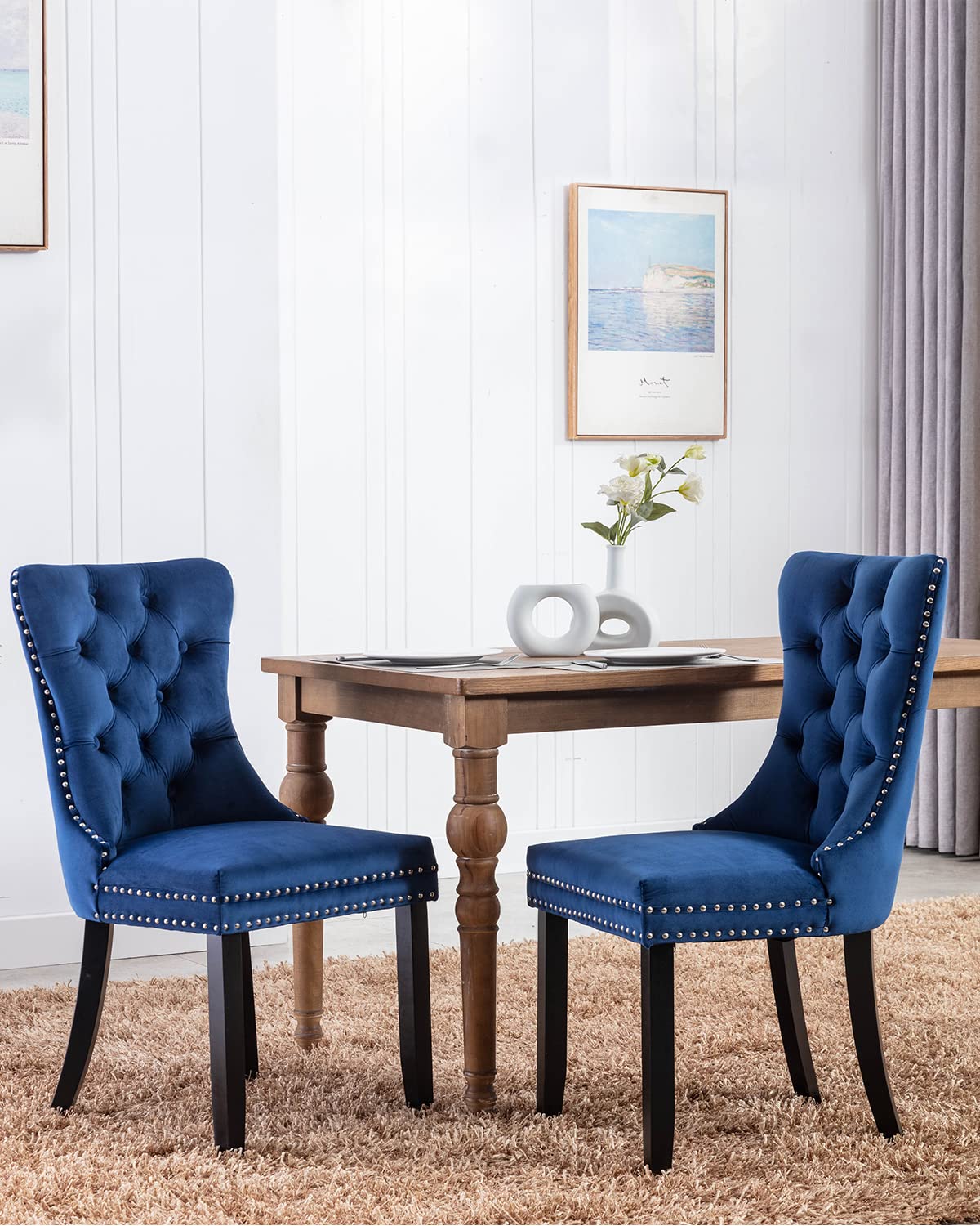 Luxury CALABASH Upholstered Dining Chairs Set of 2 - Velvet Tufted Wingback Chairs with Nailhead Trim & Back Ring Pull, Solid Rubber Wood Legs for Dining Room, Kitchen, or Breakfast Nook - Elegant Blue Home Decor