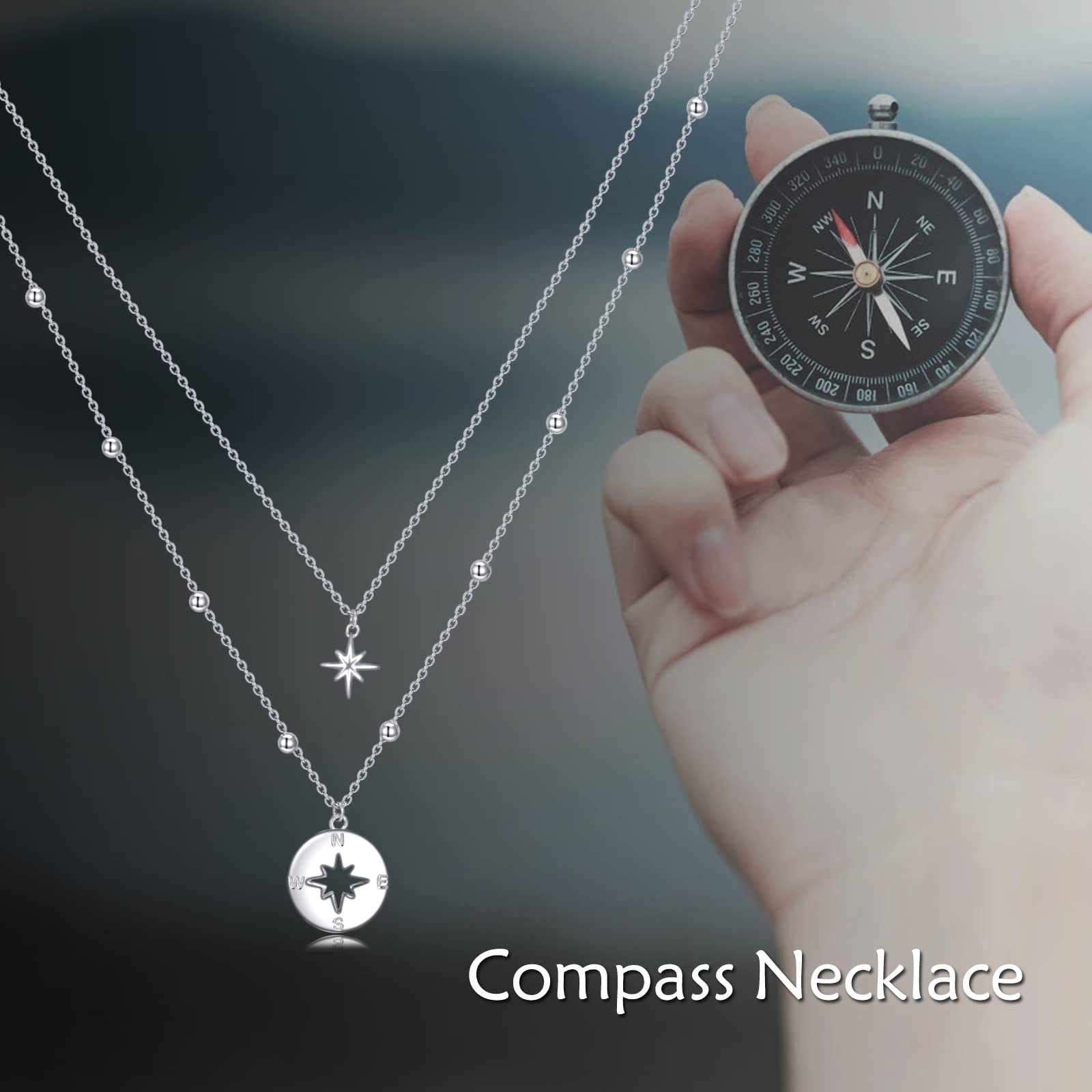 Compass Necklace for Women - Sterling Silver Graduation Gift, Christmas Jewelry, Layered Necklace for Travel & Adventure - Perfect for Everyday Wear, Special Occasions & Gifts
