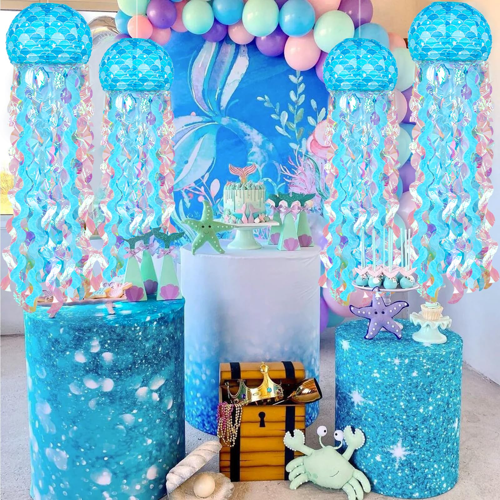 6 Pack Blue Mermaid Hanging Jellyfish Paper Lanterns - Under The Sea Party Decorations for Ocean Theme, Girls Birthday & Baby Shower - Perfect for Mermaid Themed Parties, Nursery Decor and Underwater Photo Backdrops