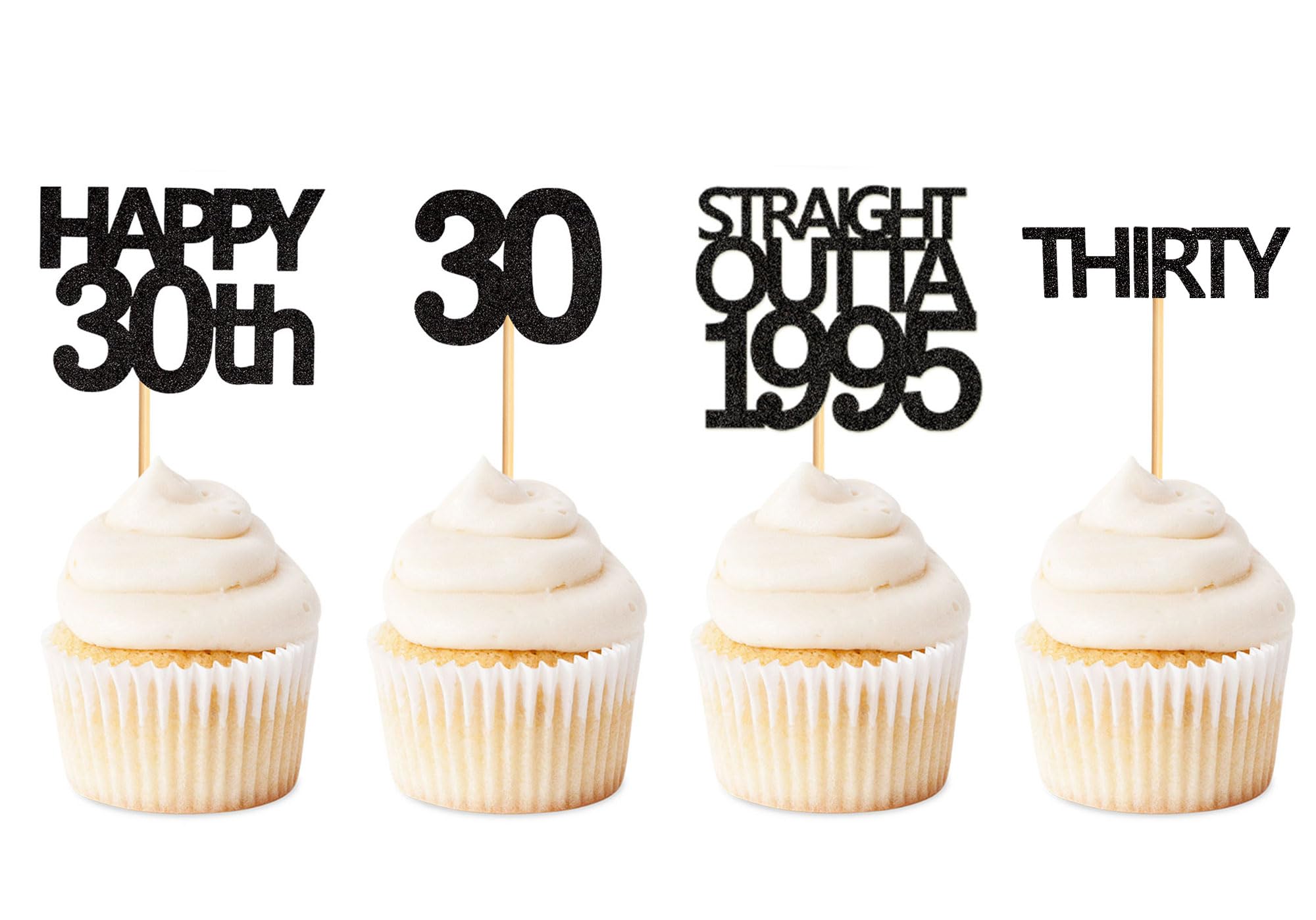 48 Pack Black Straight Outta 1995 Cupcake Toppers - Happy 30th Birthday Party Decorations - 30 Years Old Themed Cupcake Toppers for 90s Nostalgia Party, Anniversary Celebration & Milestone Birthday Decor