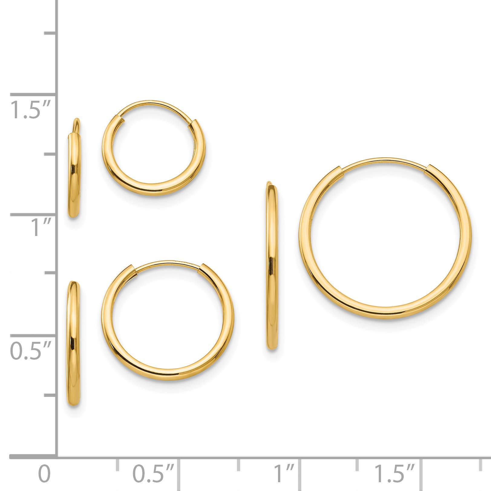 14K Solid Yellow Gold Endless Hoop Earrings Set of 3 Pairs - Classic Minimalist Jewelry for Everyday Wear, Gift Giving & Special Occasions