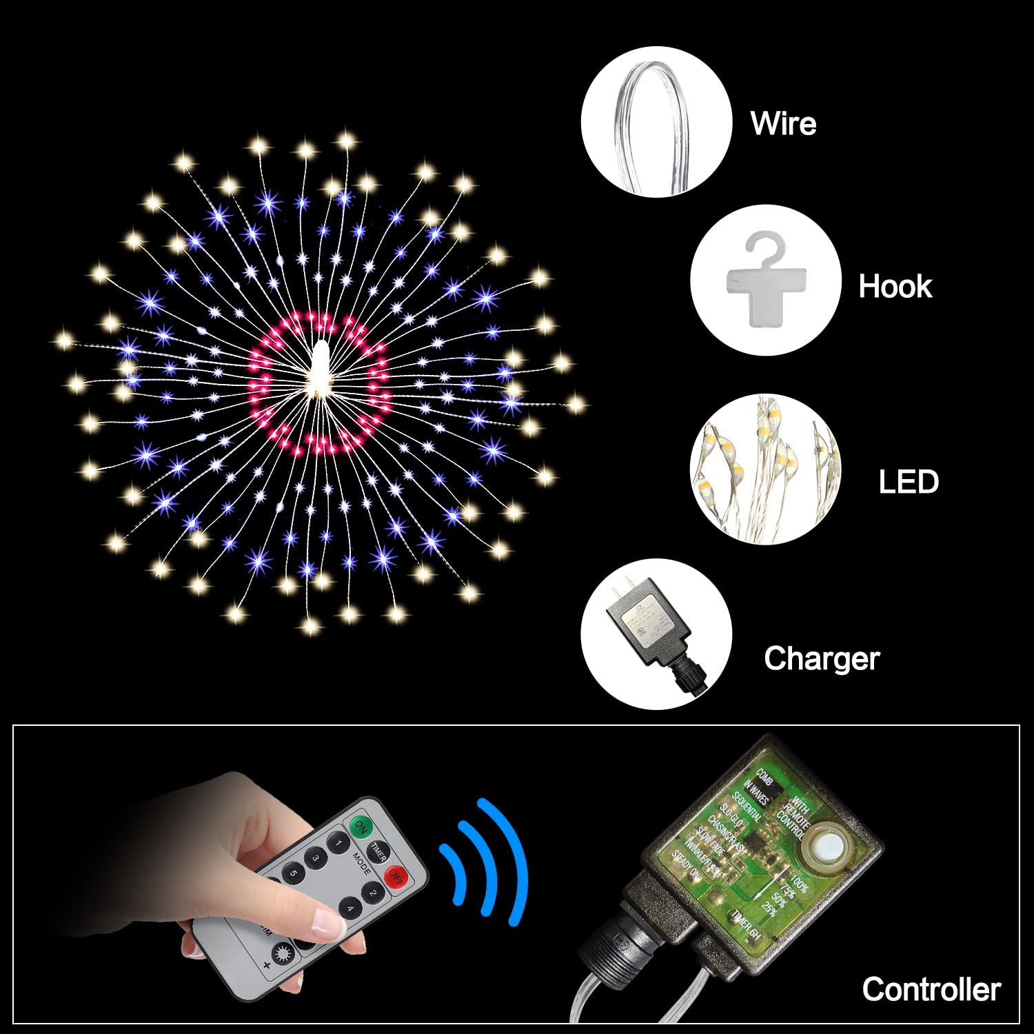 Firework Lights 6 Pack - 180 LED Copper Wire Starburst Fairy Lights with Remote, 8 Lighting Modes, Waterproof Outdoor Hanging Lights for Garden, Patio, Wedding & Party Decor