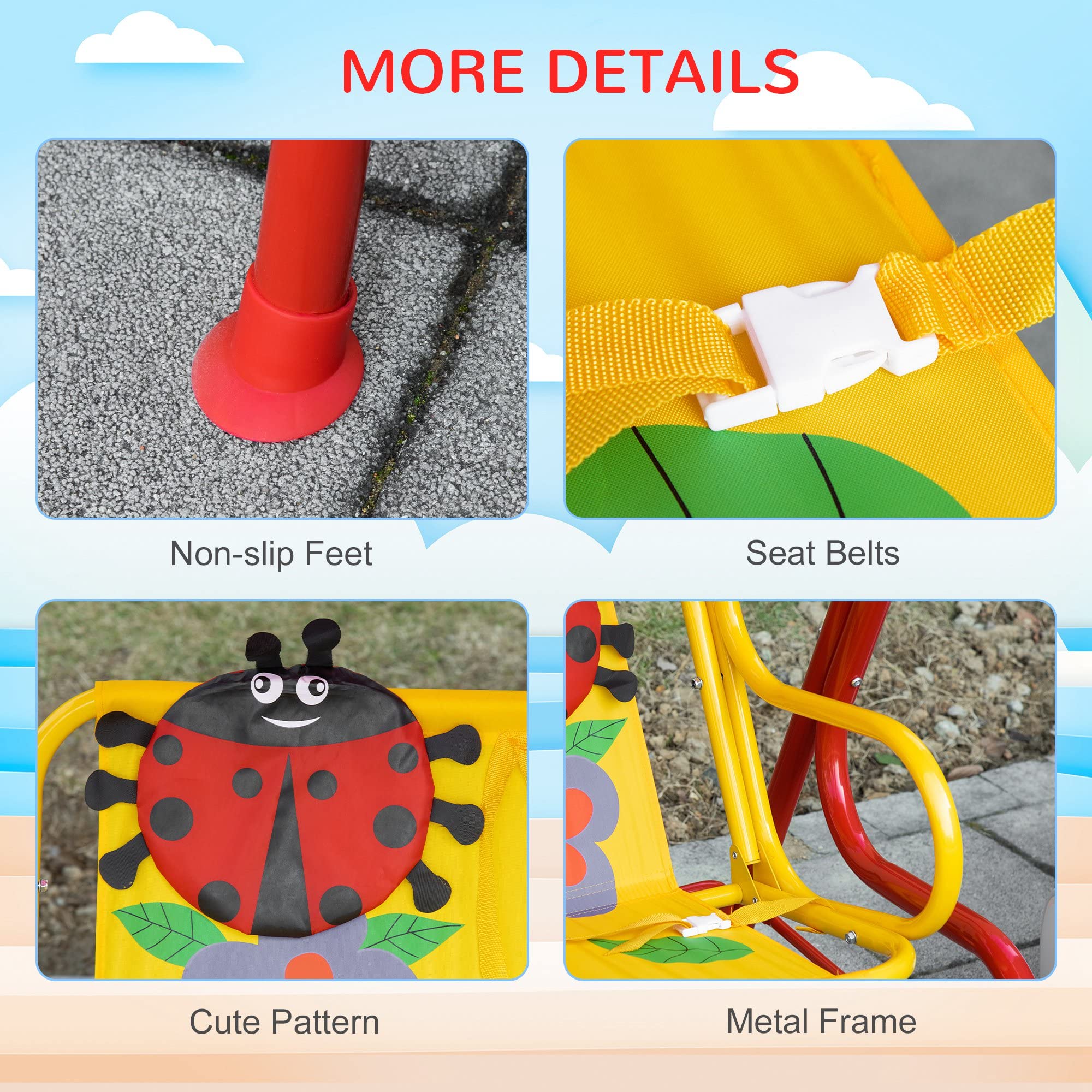 Outsunny Kids Porch Swing with Adjustable Sun Canopy & Safety Seatbelts - Ladybug-Themed Outdoor Swing Chair for Ages 3-6 (Red) | Perfect for Backyard, Patio & Garden Playtime