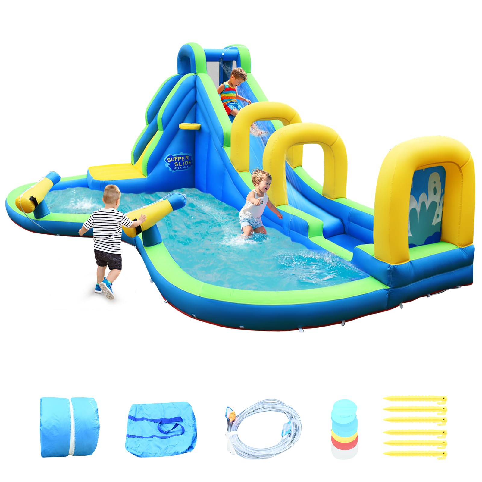 OLAKIDS Inflatable Water Slide & Bounce House - Outdoor Water Park with Climbing Wall, Splash Pool, Basketball Hoop & 2 Water Guns | Includes Carrying Bag, Repair Kit & Hose | Perfect for Backyard Parties, Summer Fun & Kids Birthday Celebrations
