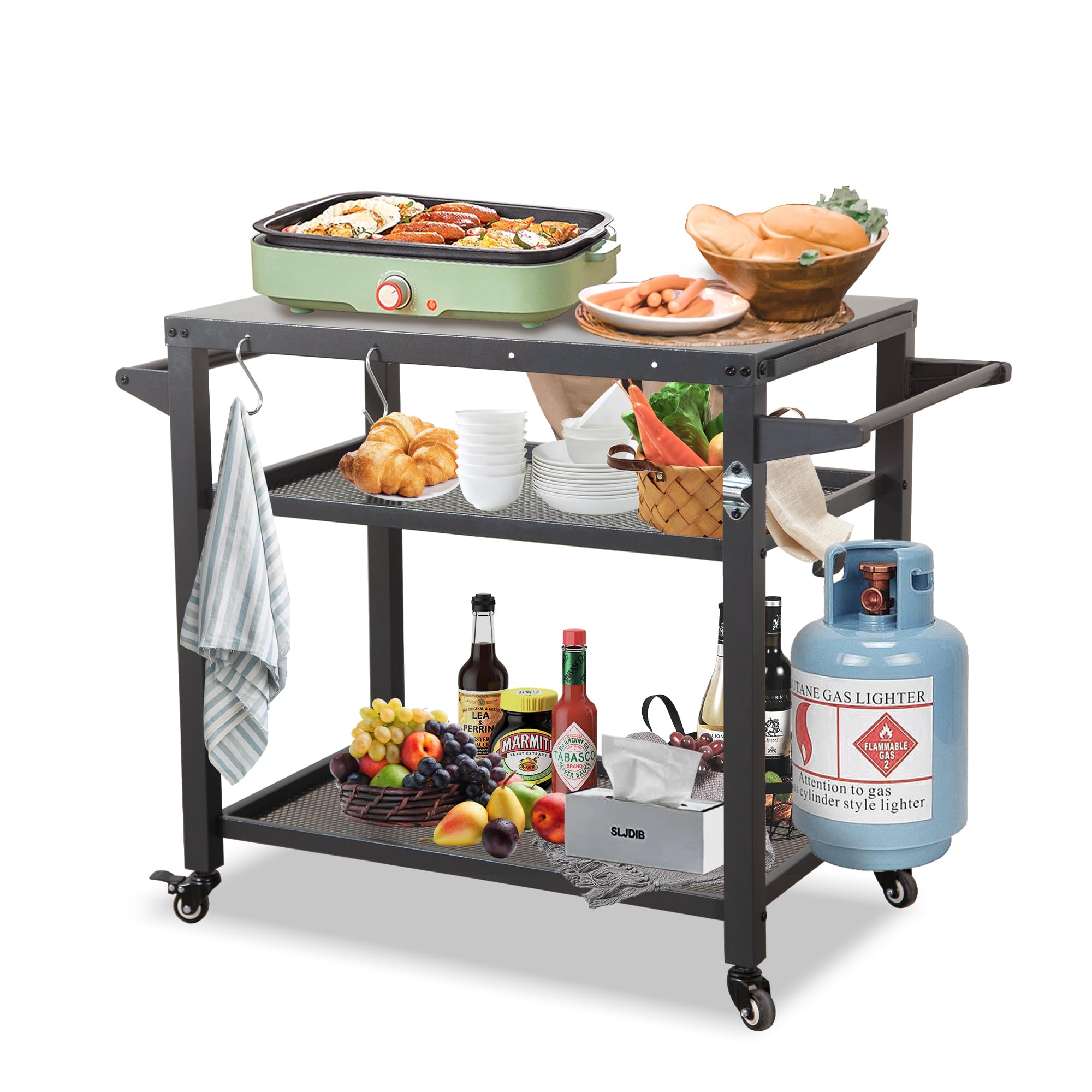 **Domi 3-Shelf Outdoor Grill Table with Wheels – Heavy-Duty BBQ Cart for Blackstone Griddle, Pizza Oven & Food Prep – Portable Grill Stand with Propane Tank Hook – Perfect for Backyard, Patio & Camping BBQ**