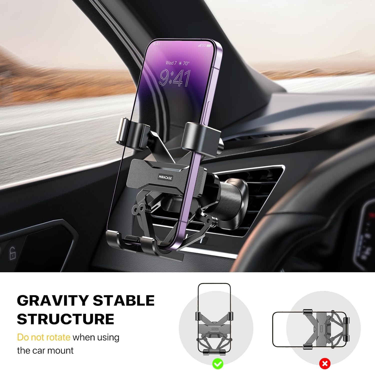 2025 Upgraded Miracase Universal Car Phone Holder - Double Steel Air Vent Clip with Gravity Lock for iPhone, Samsung, Google Pixel | Hands-Free Phone Mount for Safe Driving & Navigation