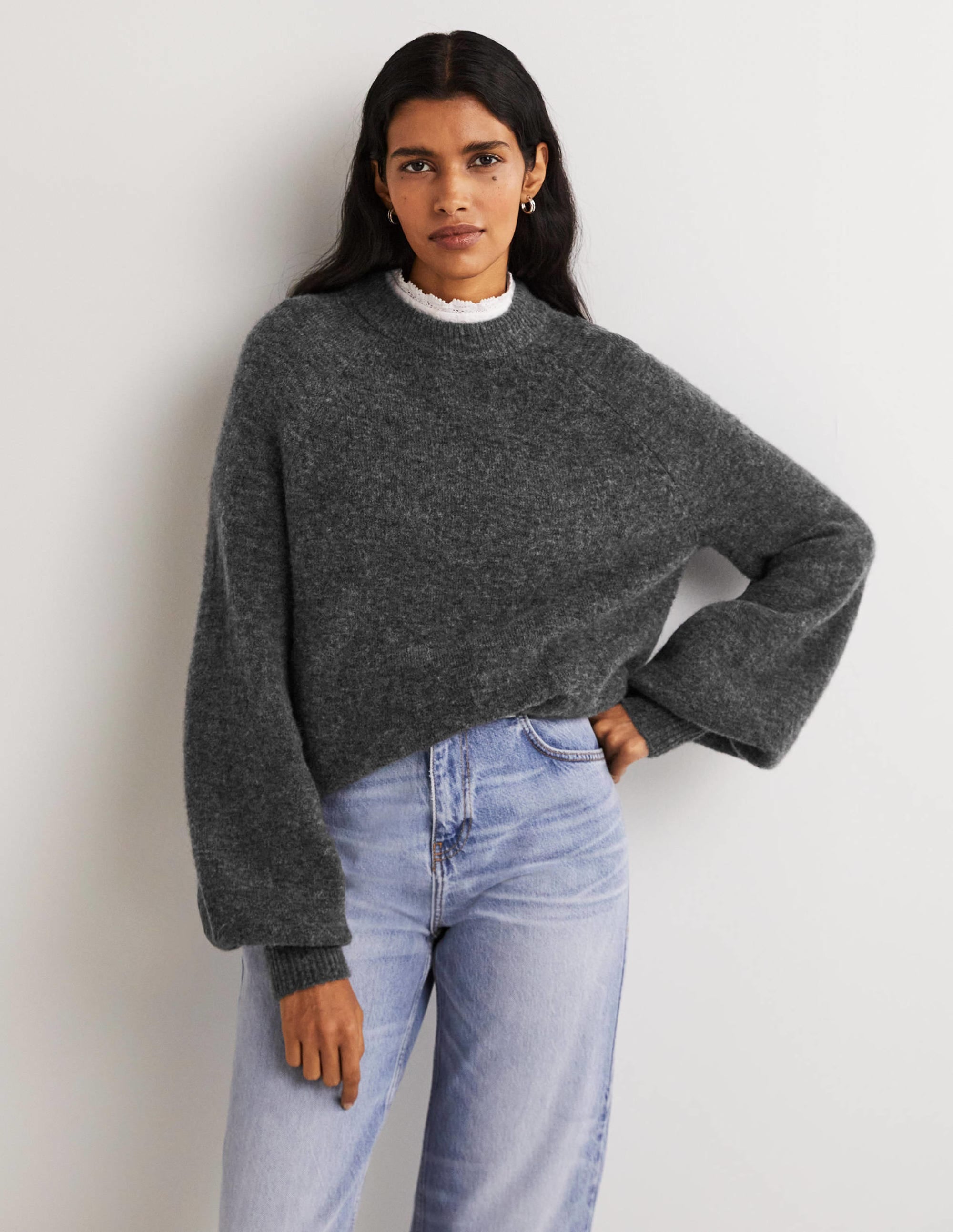Cozy Fluffy Sweater with Blouson Sleeves in Charcoal Melange - Perfect for Winter Layering & Casual Outfits