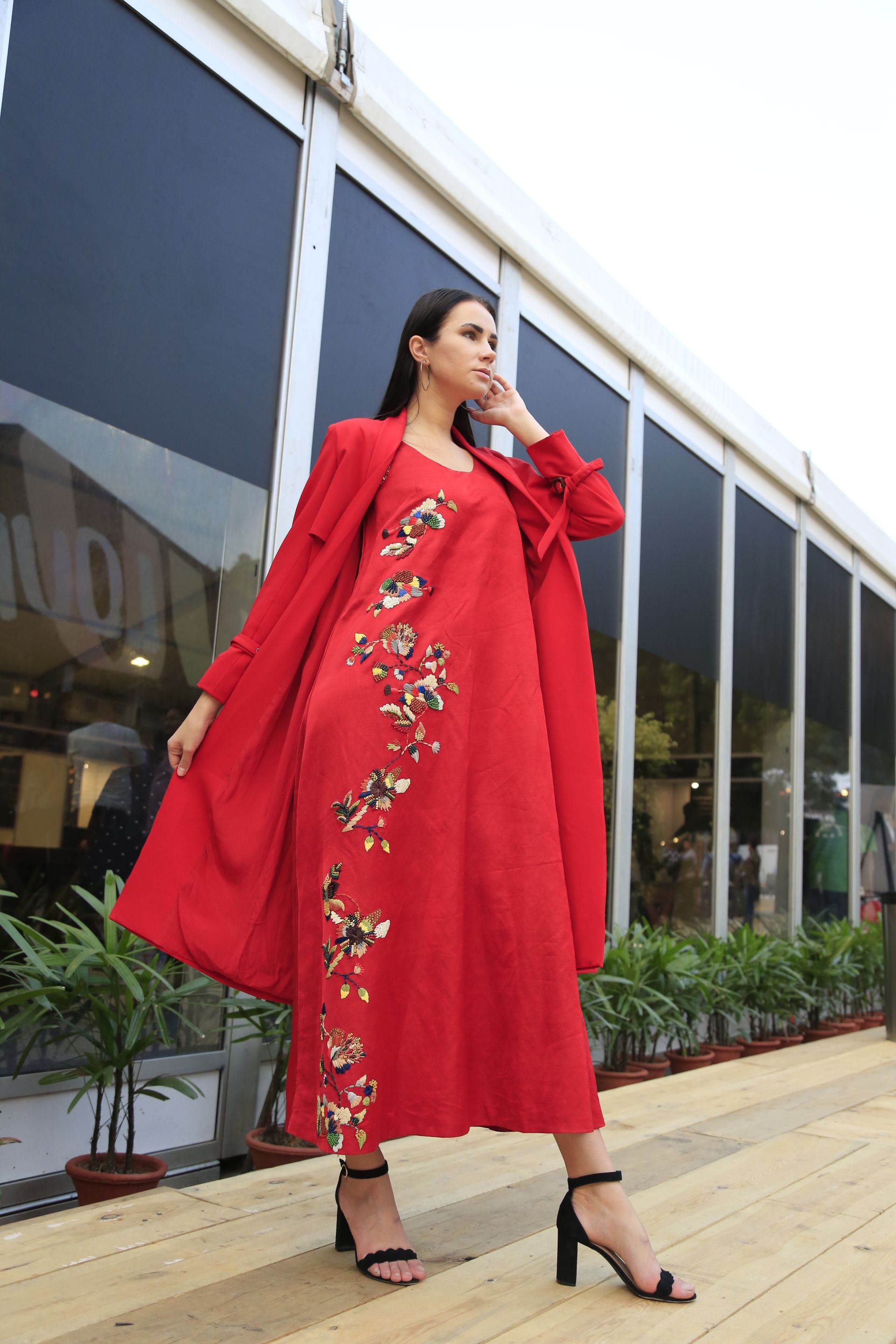 Elegant Red Multicolor Embroidered Dress with Trench Coat Set - Perfect for Weddings, Parties & Special Occasions