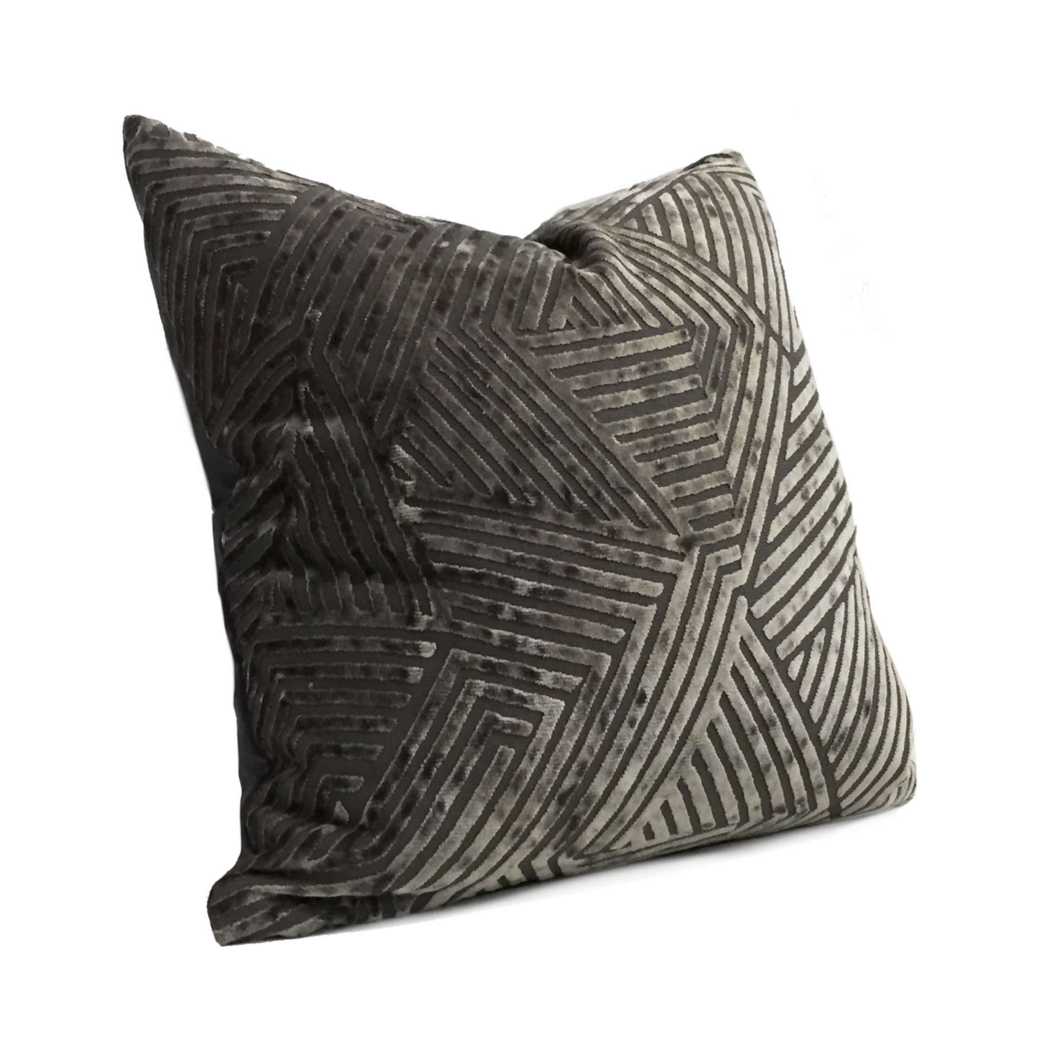 Modern Soho Pewter Gray Cut Velvet Geometric Lines Pillow Cover - Luxury Decorative Throw Pillow Case for Living Room, Bedroom & Sofa