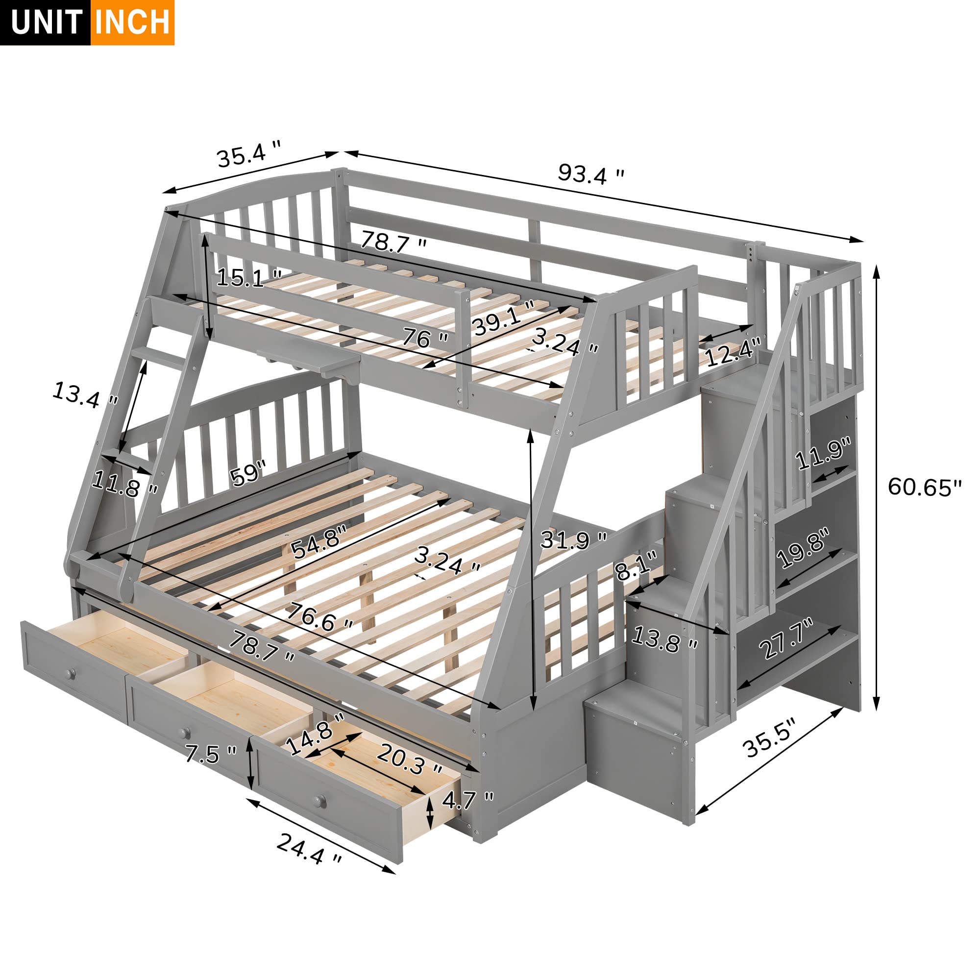 Solid Wood Twin-Over-Full Bunk Bed with Stairs & Storage - Kids Teens Adults Bedroom Furniture (Gray)