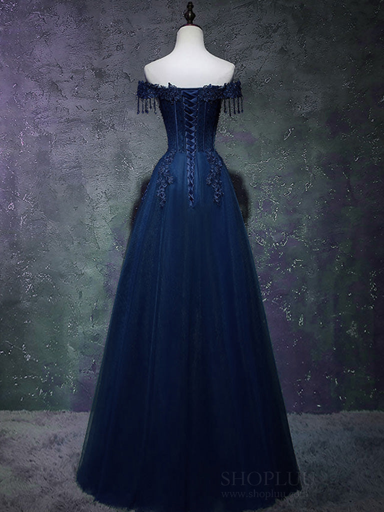 Elegant Off Shoulder A-Line Tulle Lace Dark Blue Long Prom Dress - Formal Evening Gown for Homecoming, Ball, Wedding & Special Occasions